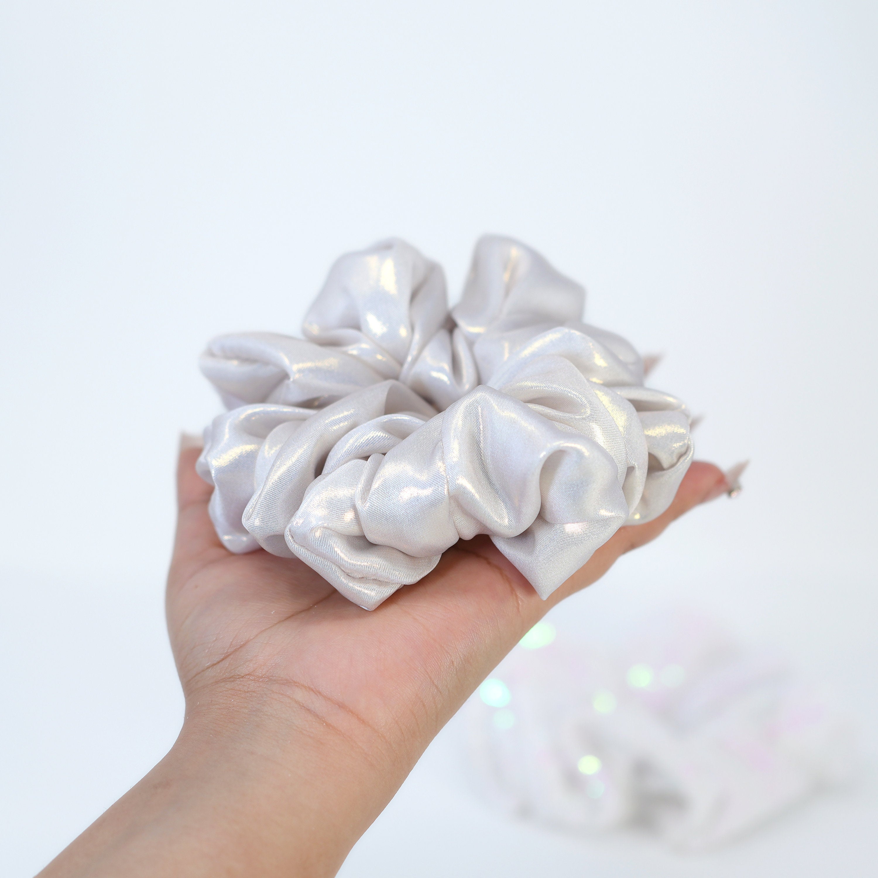 Set Of Two Shiny Metallic Sequin Bridal Hair Scrunchies, Pillow Bridal Scrunchies, Bridal Shower, Bridesmaid Gift, Rainbow Hair accessories.