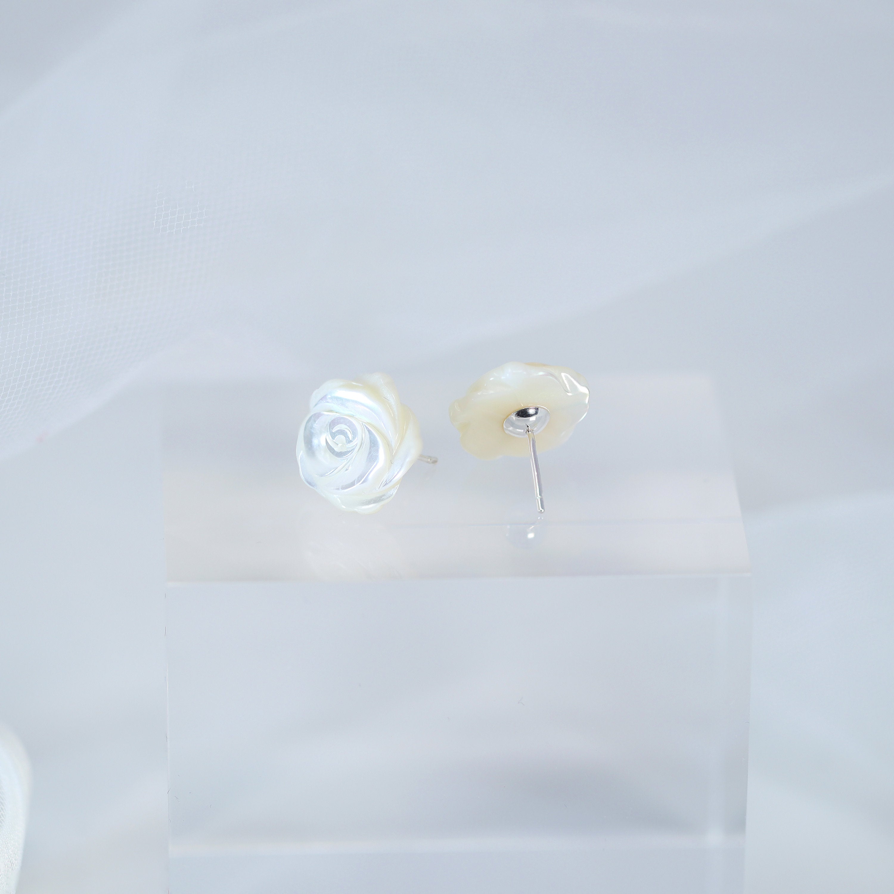 Natural Freshwater Pearls With Mother Of Pearl Carved White Rose Earrings, Bridal Jewelry Bridal Floral Stud Earrings Statement Earrings