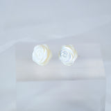 Natural Freshwater Pearls With Mother Of Pearl Carved White Rose Earrings, Bridal Jewelry Bridal Floral Stud Earrings Statement Earrings