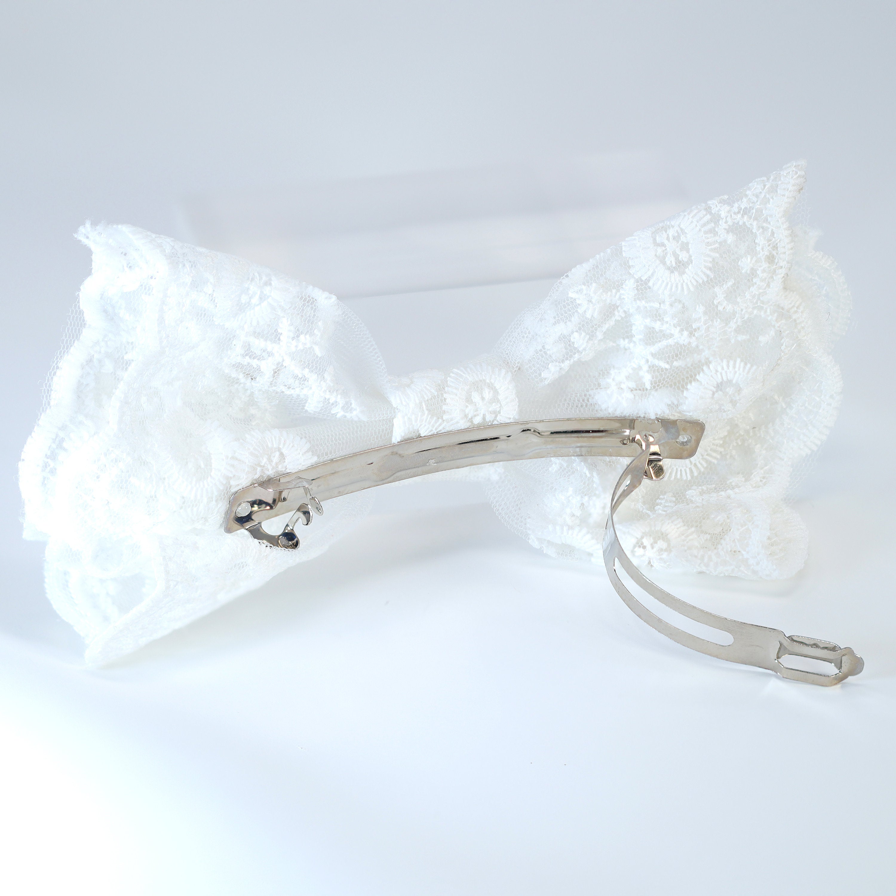 White Lace Floral Embroidered Blossom Bow Bridal French Hair Clip, Bridesmaid Gift, Wedding Hair Accessory, Large Hair Clip.