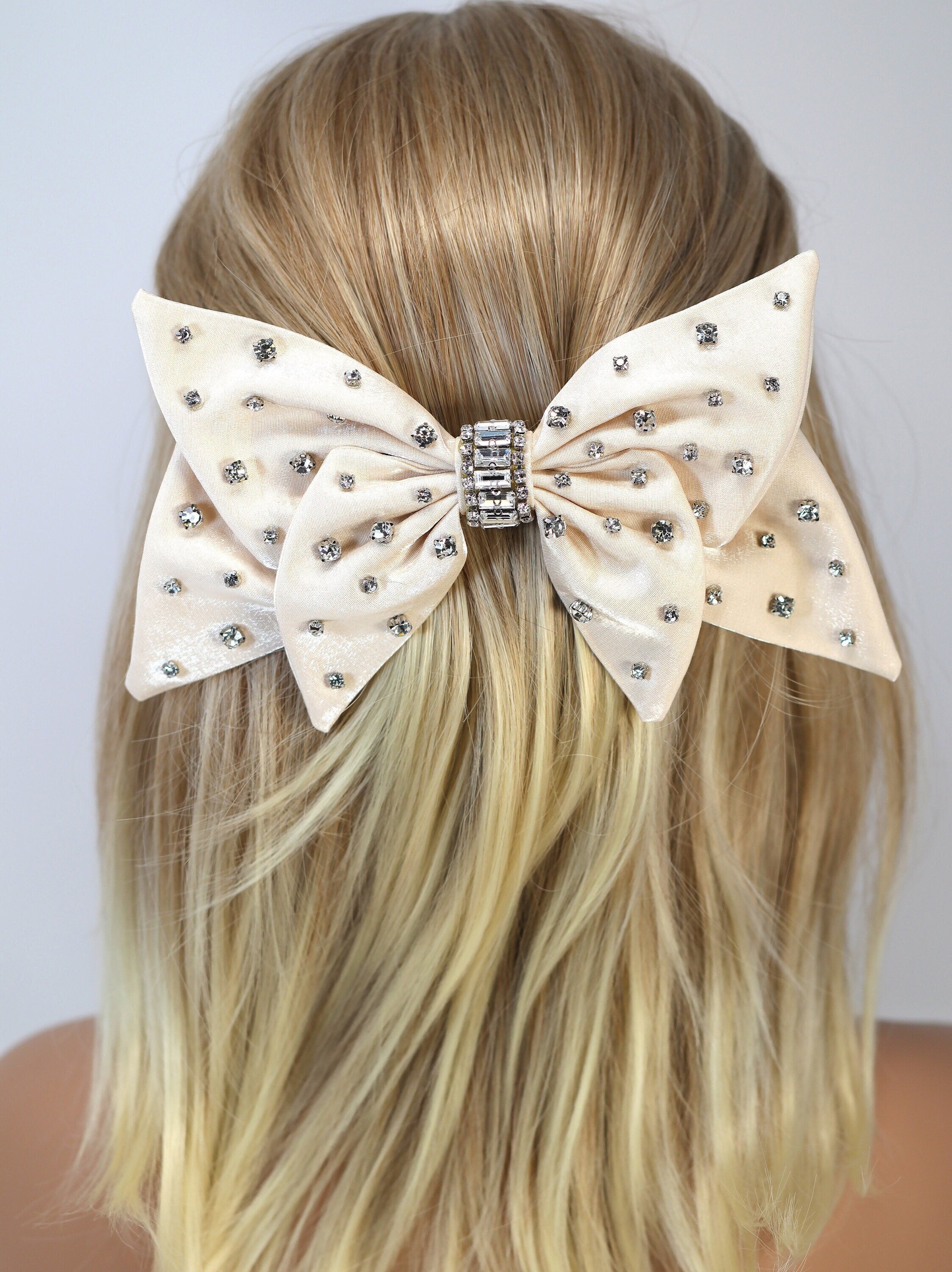 Beige Satin Bow With Rhinestones And Crystals Bridal French Hair Clip, Bridesmaid Gift, Wedding Hair Accessory, Large Hair Clip.