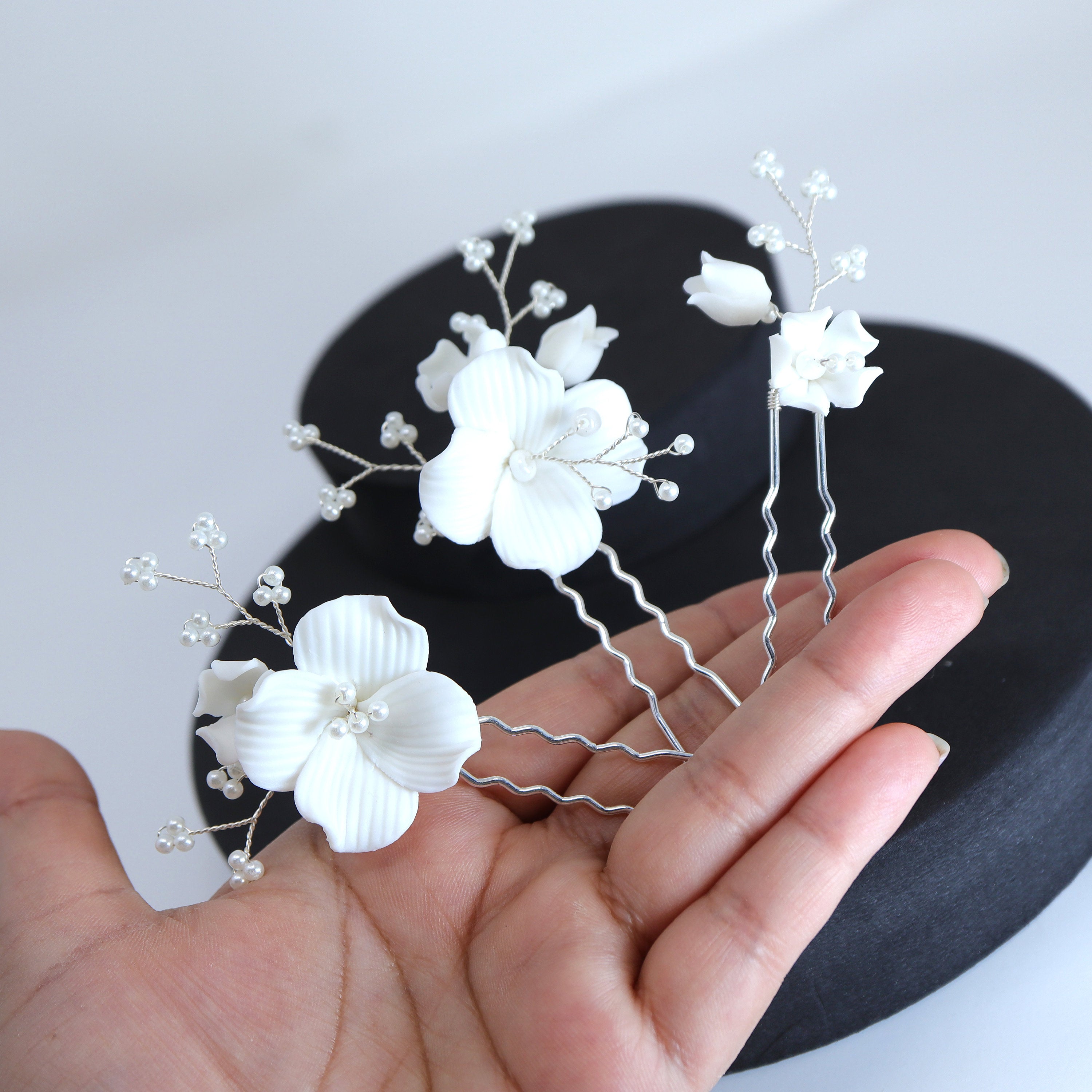 Porcelain White Floral Vine Garden Pearl Elegance Ensemble Hair Pins Set of 3 , Ceramic Hair pins Set, Bridal Hair Accessories