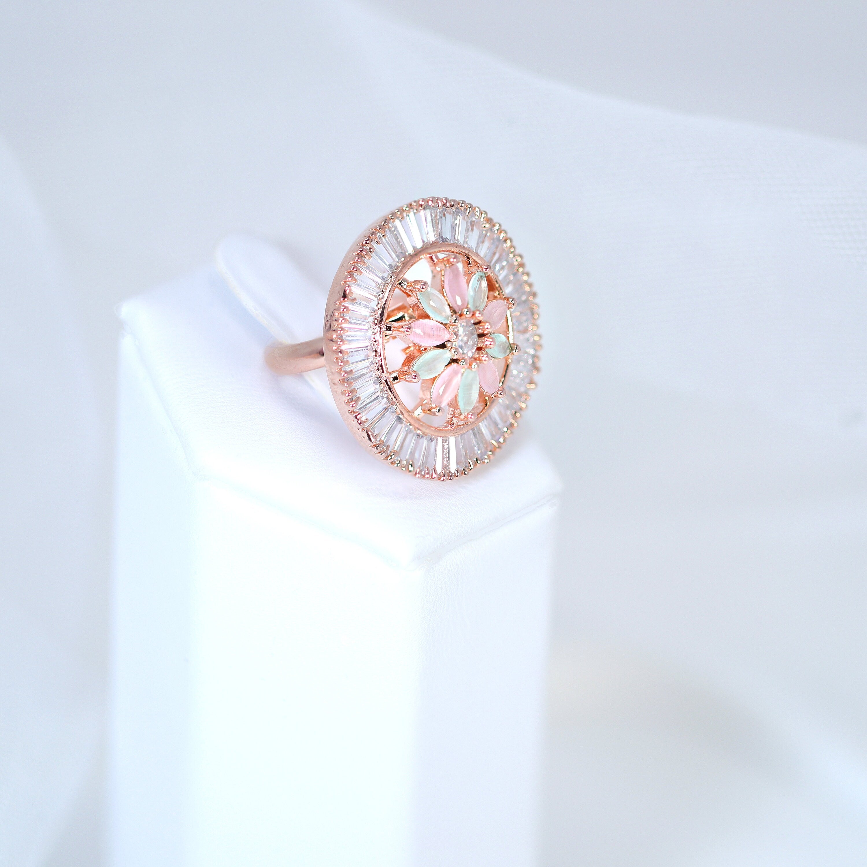 Swarovski Crystal Rose Gold Pink And Light Green Floral Large Statement Ring, Engagement Ring, Promise Ring For a Friend, Friendship ring.