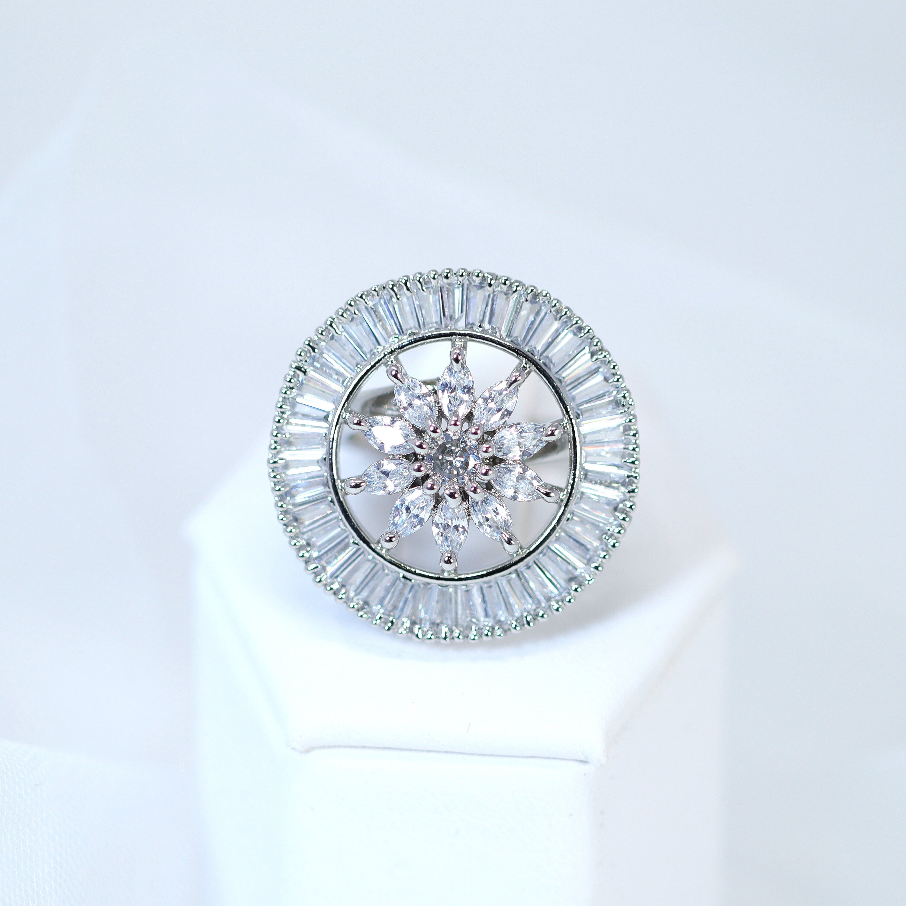 Swarovski Crystal Silver Floral Large Statement Ring, Engagement Ring, Promise Ring For a Friend, Friendship ring.
