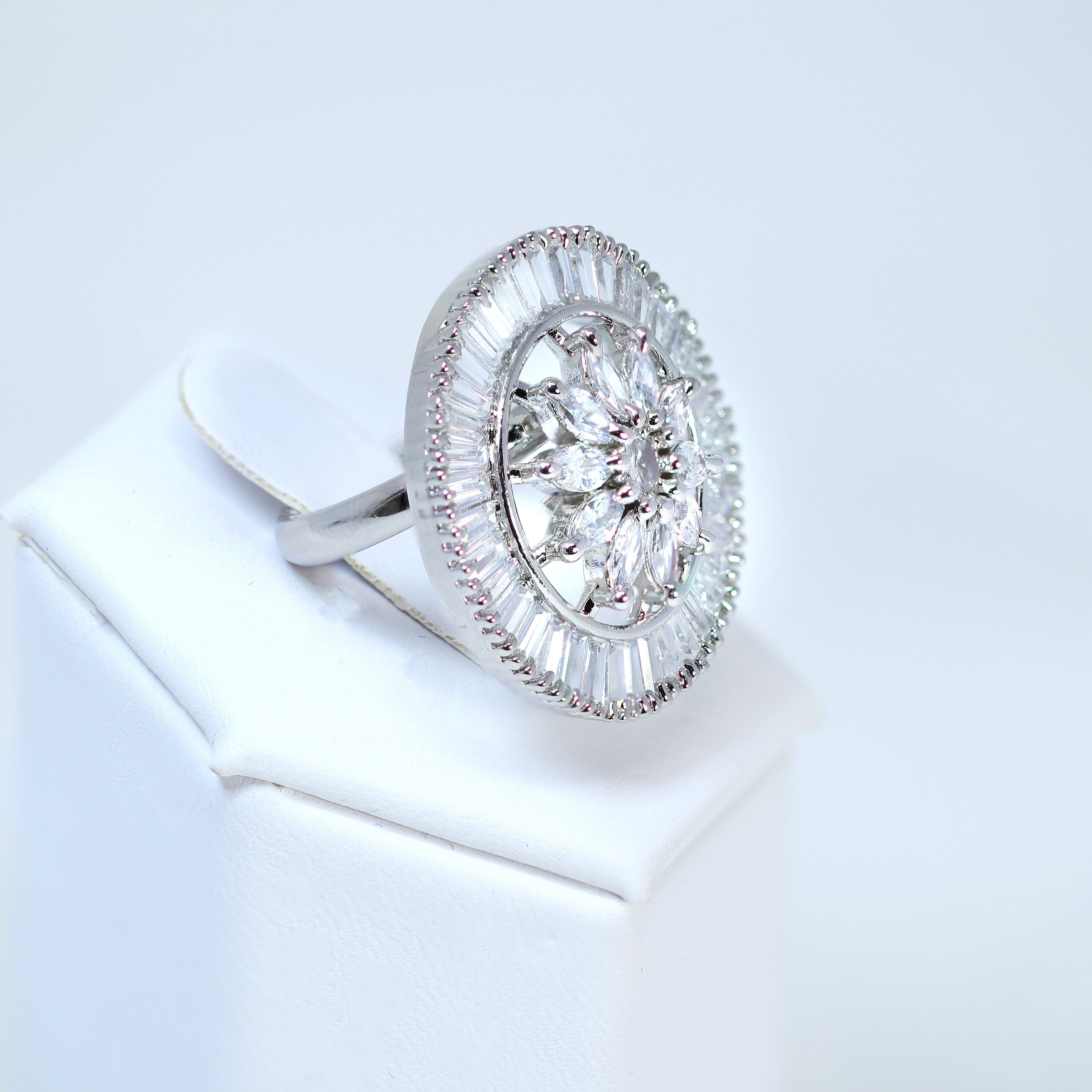 Swarovski Crystal Silver Floral Large Statement Ring, Engagement Ring, Promise Ring For a Friend, Friendship ring.