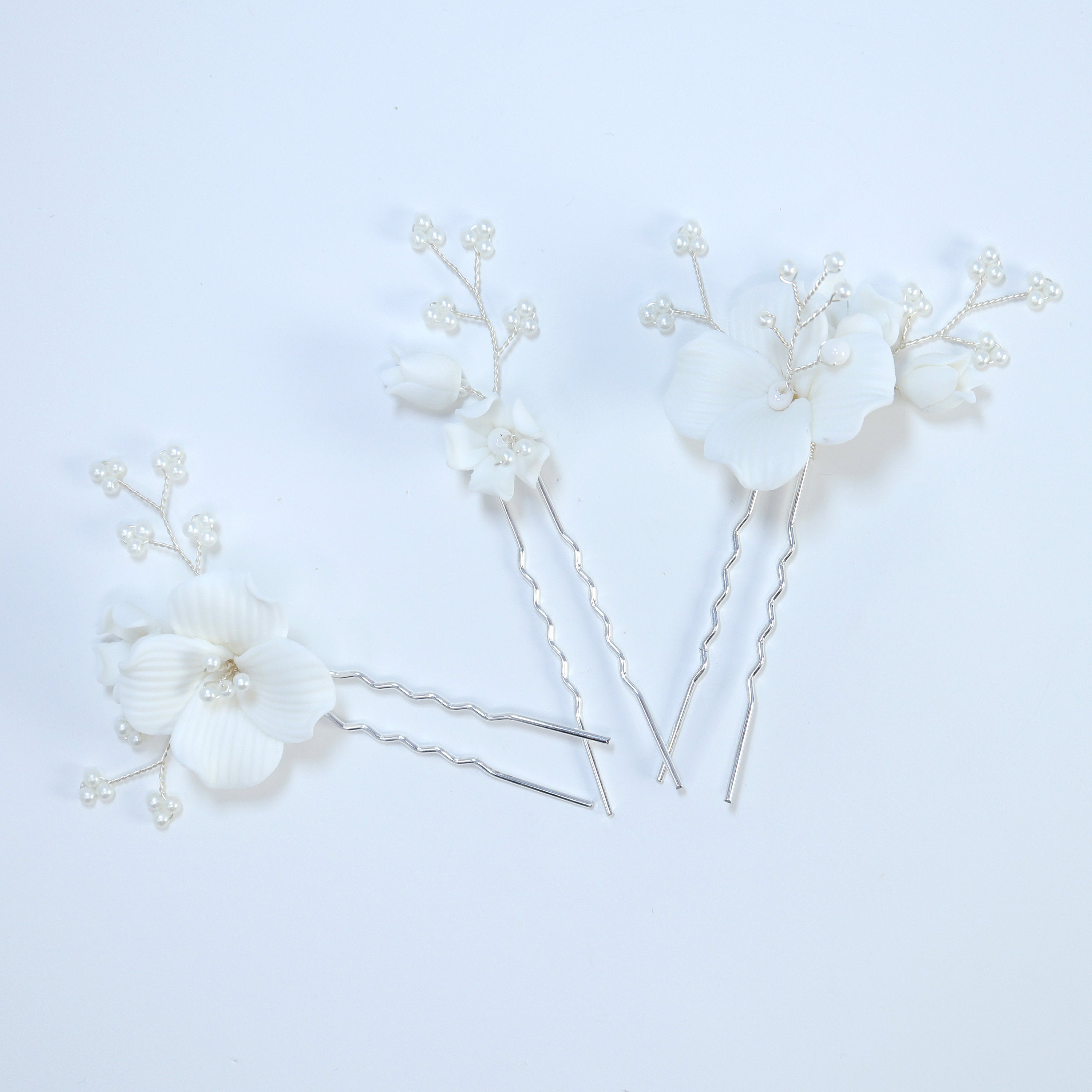 Porcelain White Floral Vine Garden Pearl Elegance Ensemble Hair Pins Set of 3 , Ceramic Hair pins Set, Bridal Hair Accessories