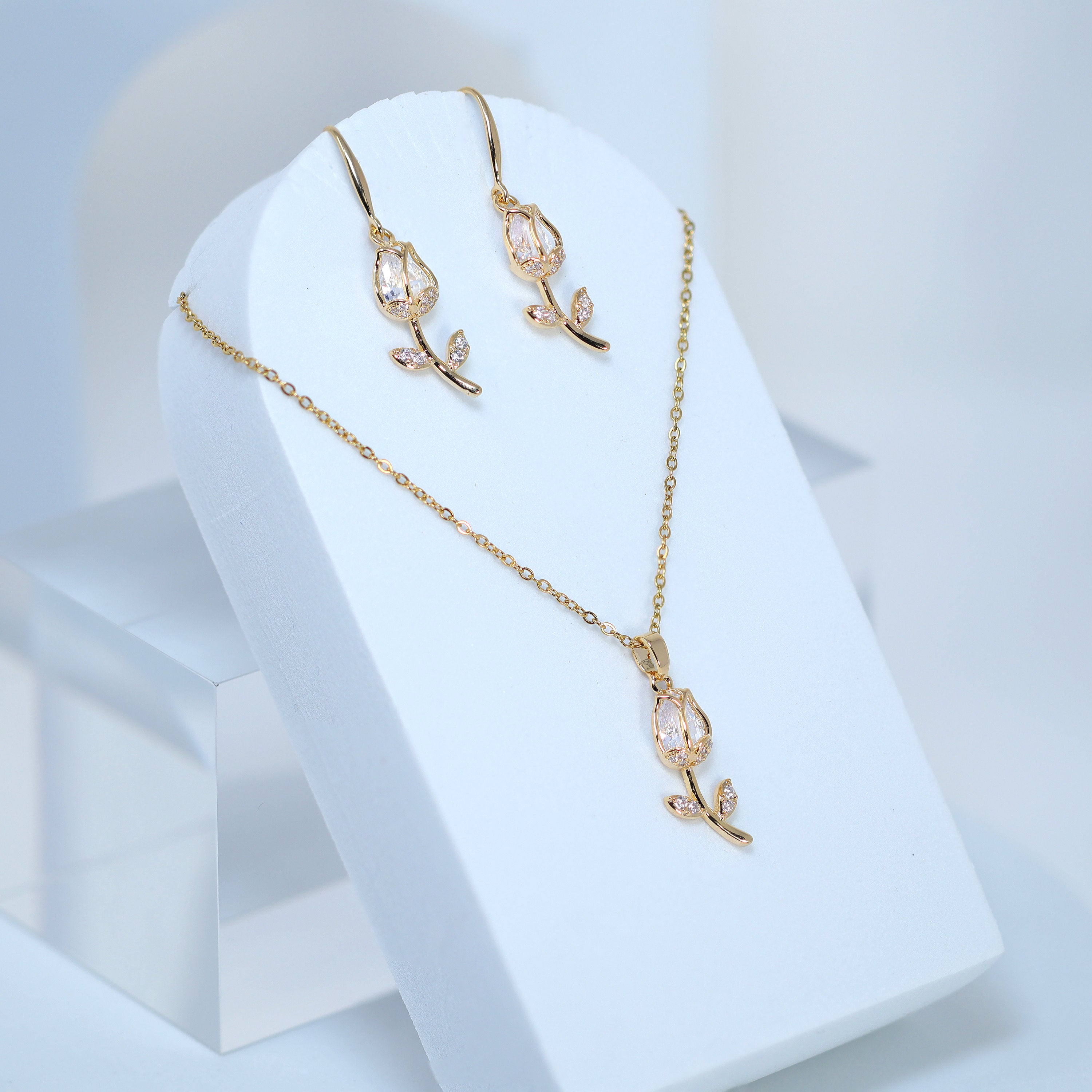 Swarovski Crystal Dainty Rose Drop Necklace , Bridal Jewelry, Bridal Earrings, Statement Earrings Cz, Necklace Set, Valentines Gift.