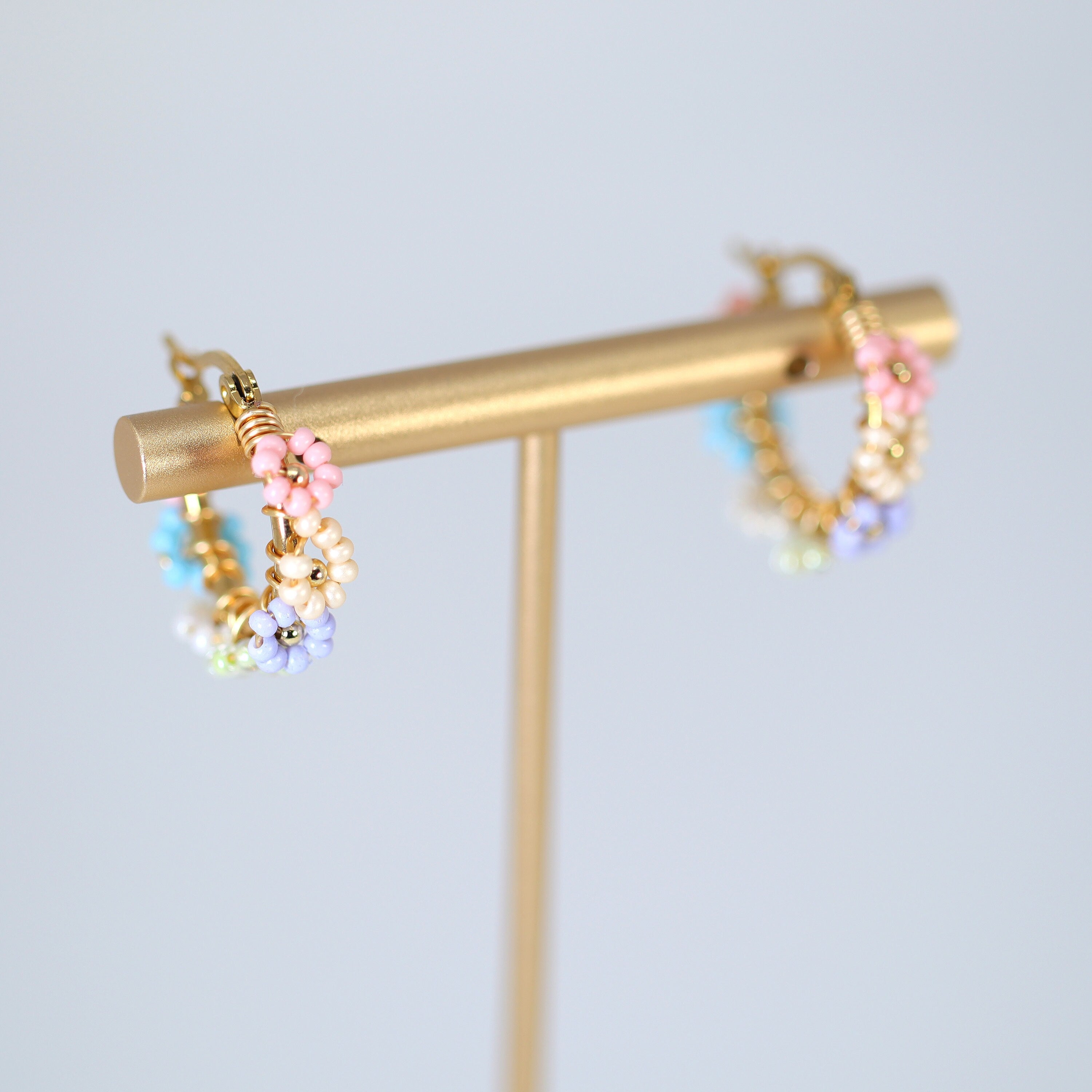 Gold Rainbow Beaded Hoop Earrings, Statement Earrings.
