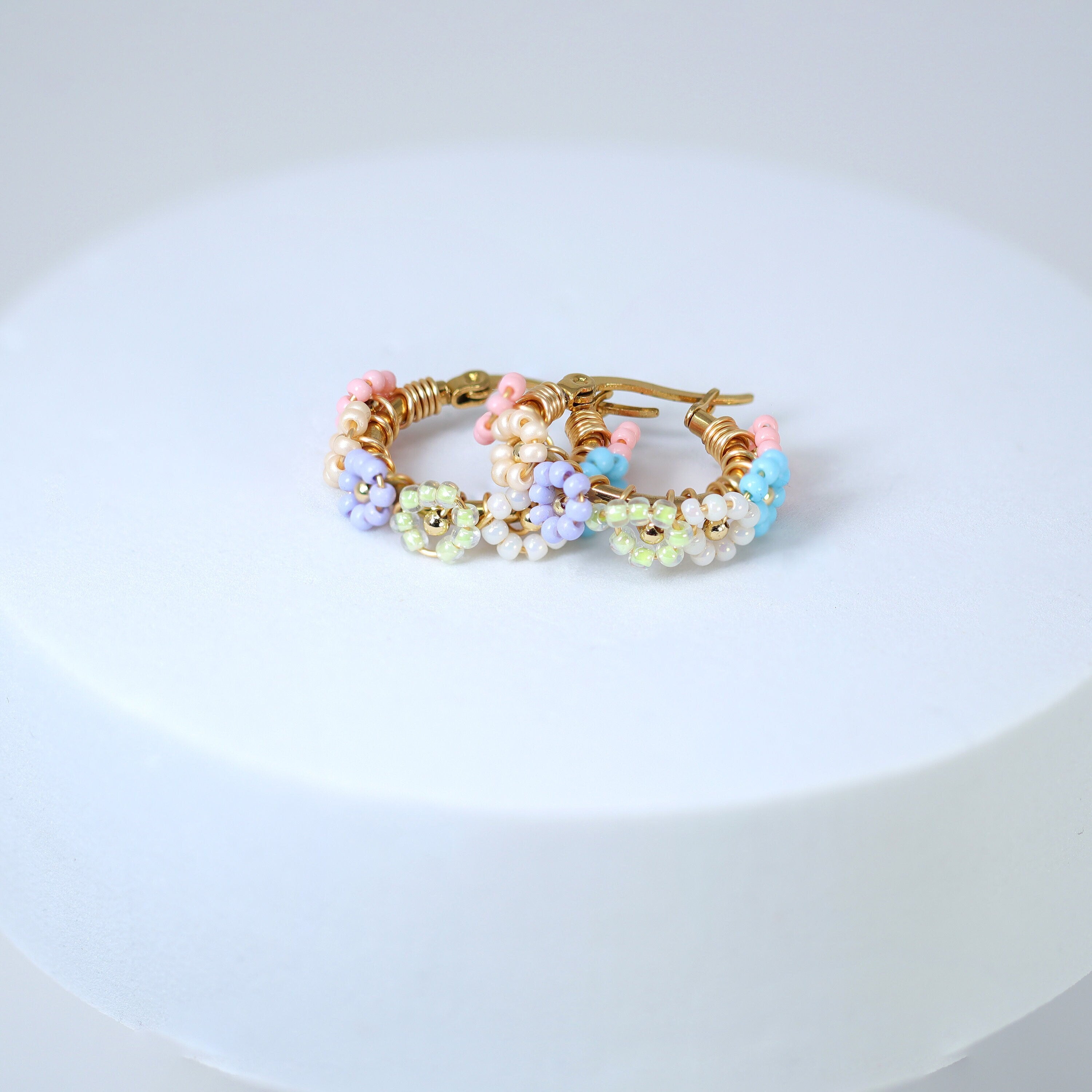 Gold Rainbow Beaded Hoop Earrings, Statement Earrings.