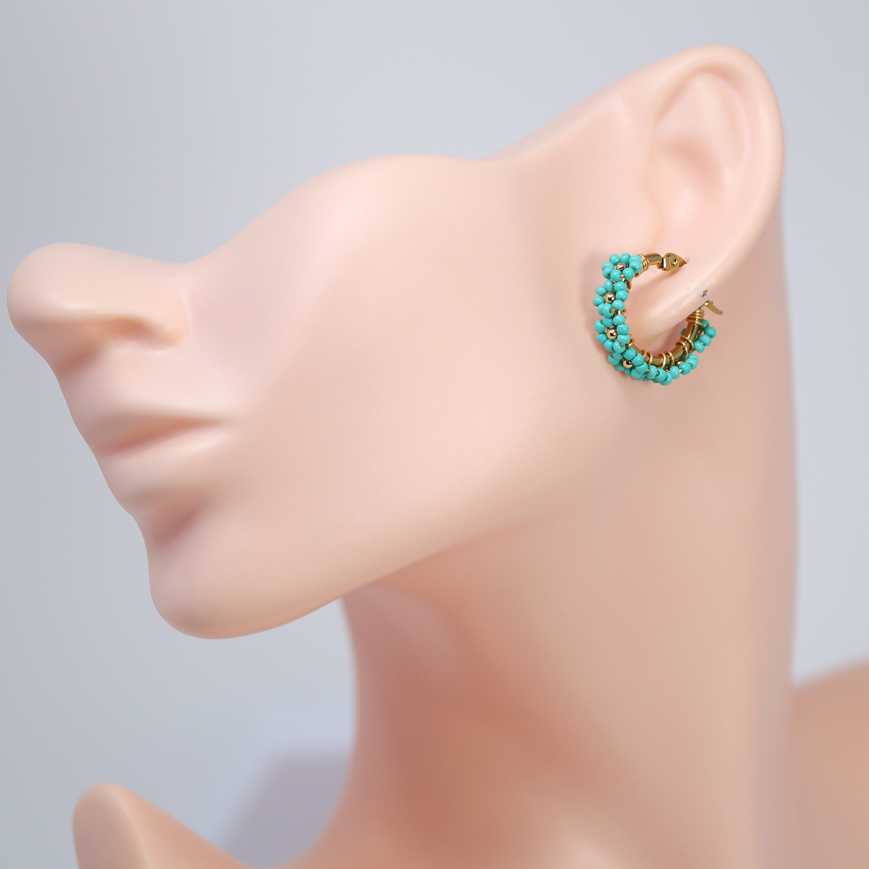 Gold Turquoise Blue Color Beaded Hoop Earrings, Bridal Earrings, Wedding Guest Earrings, Statement Earrings.