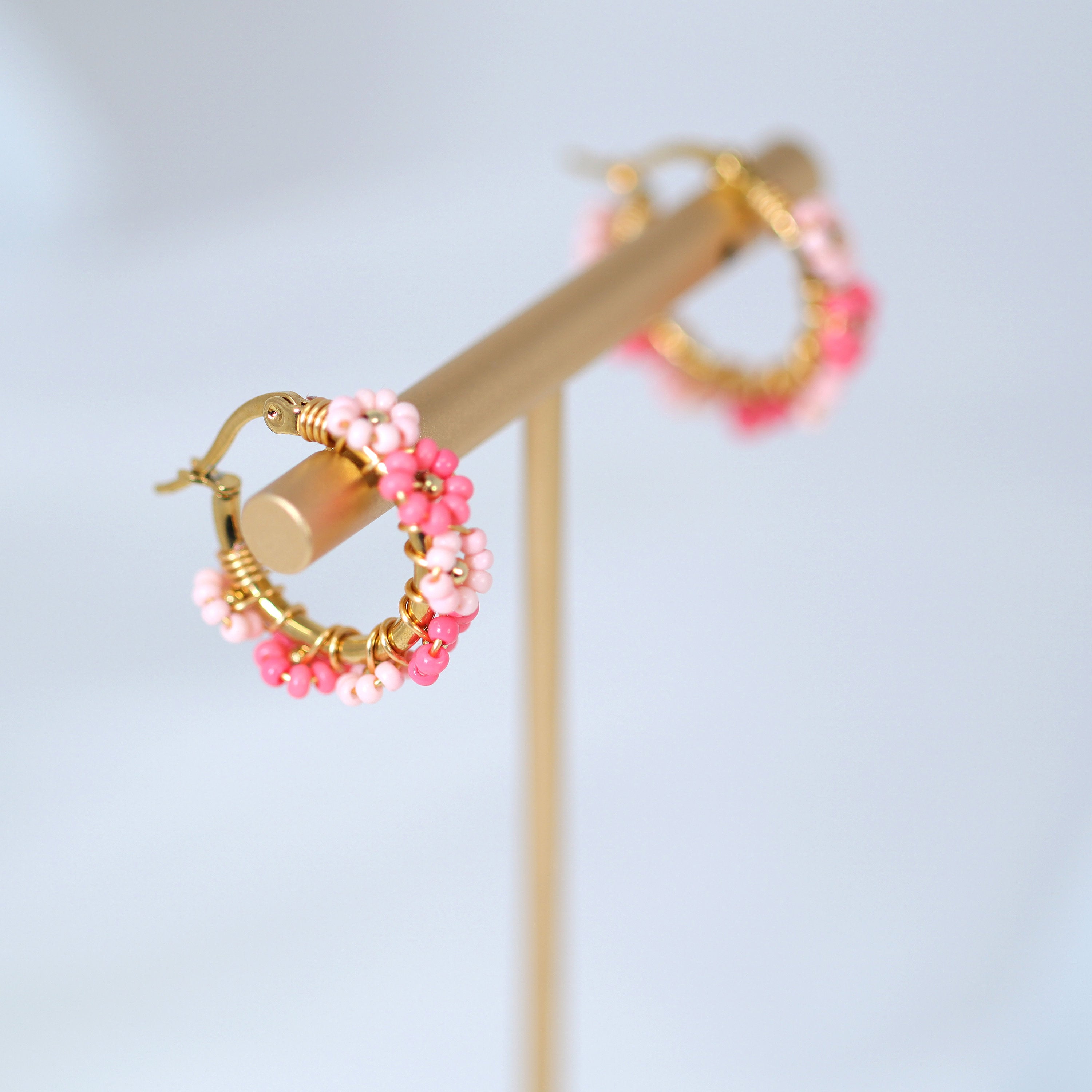 Gold Pink Color Beaded Hoop Earrings, Bridal Earrings, Wedding Guest Earrings, Statement Earrings.