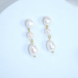Sterling Silver 3 Freshwater Cultured pearl Bezel Earrings, Long Bridal Jewelry, Pearl Bridal Earrings, Statement Earrings.