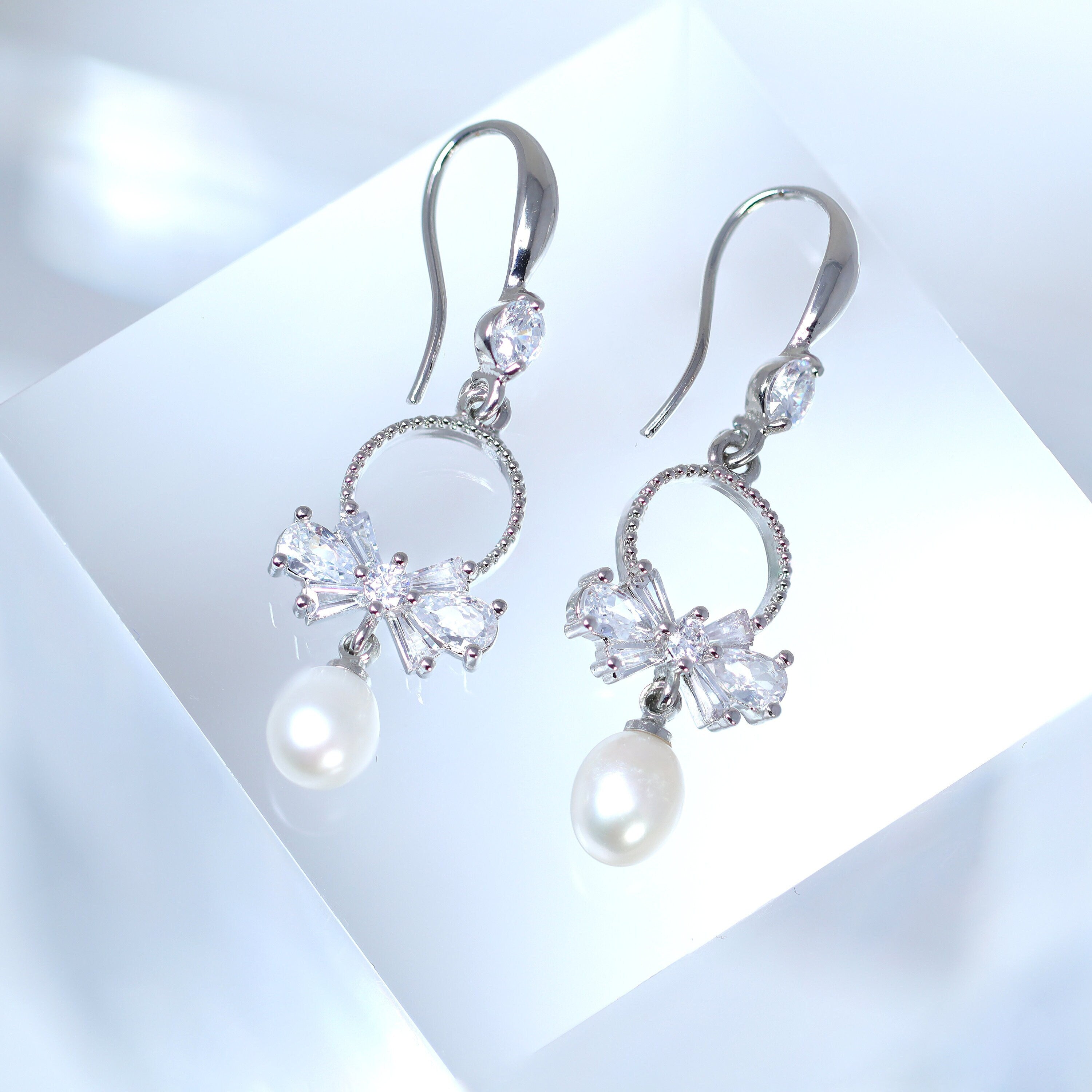 Natural Cultured Freshwater Pearl Drop Bridal Earrings, Crystal Bridal Earrings, Statement Earrings Cz