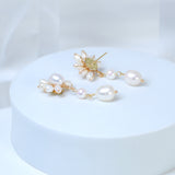 Natural Freshwater Pearl Flower Pearl Drop Earrings, Bridal Jewelry, Pearl Statement Earrings Cz