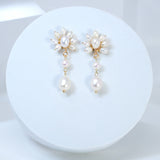 Natural Freshwater Pearl Flower Pearl Drop Earrings, Bridal Jewelry, Pearl Statement Earrings Cz