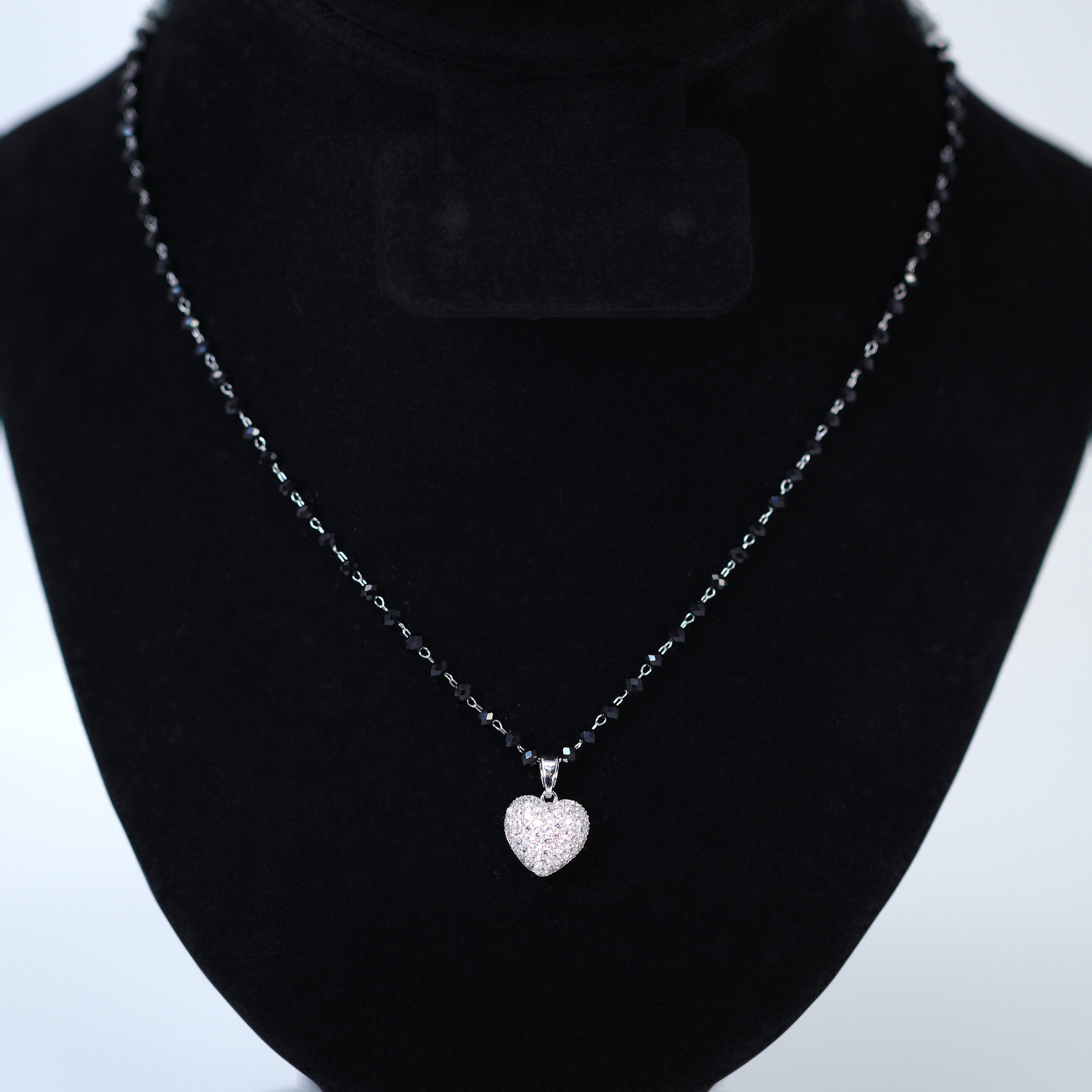 Swarovski Crystal black Beaded Chain Shinny Heart Pendant Necklace , Valentine's Day Gift For Her, Galentine's Day, Statement Necklace Cz