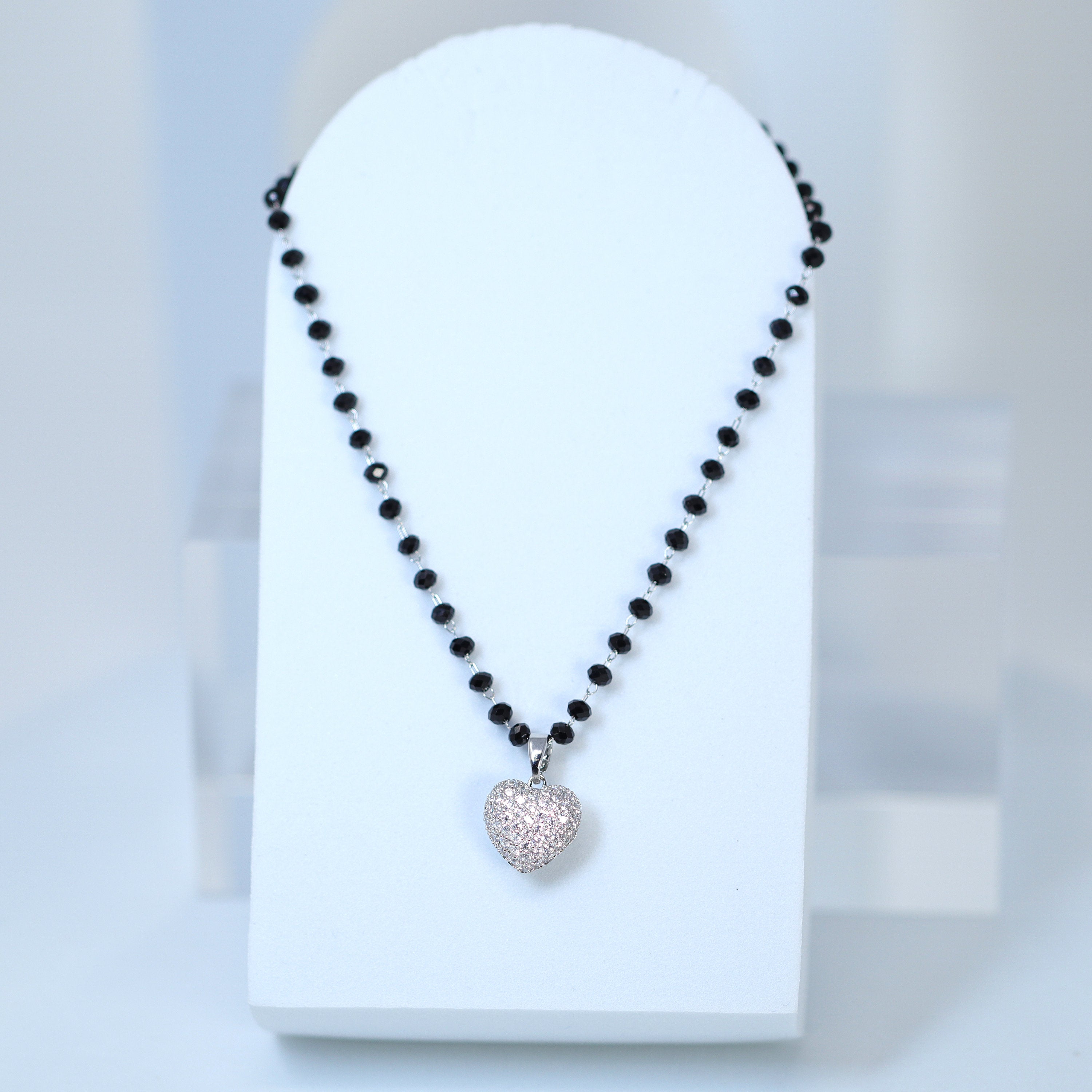 Swarovski Crystal black Beaded Chain Shinny Heart Pendant Necklace , Valentine's Day Gift For Her, Galentine's Day, Statement Necklace Cz