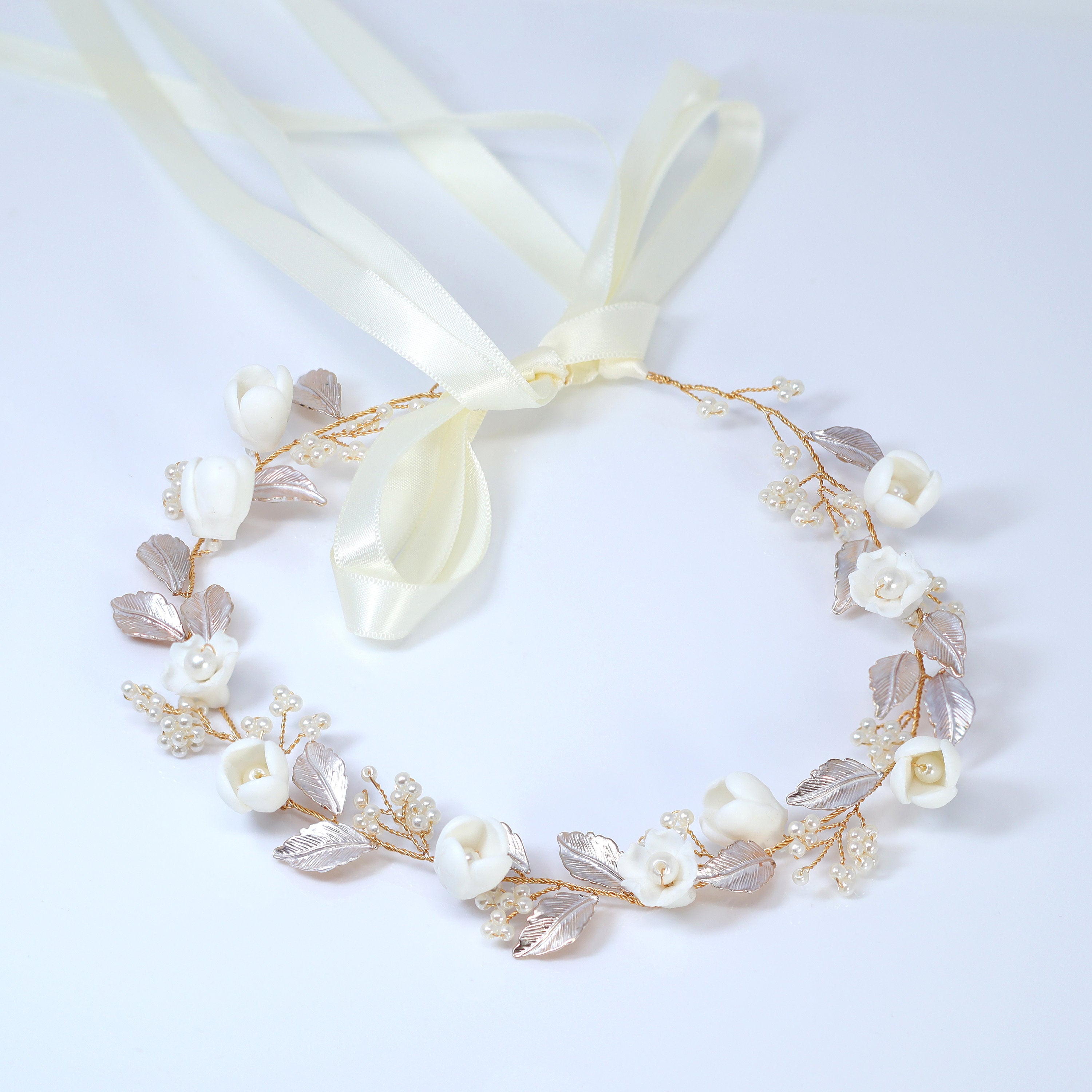 Faux Pearl Porcelain Ceramic White Flower Pearl Bridal Headband, Bridal Hair Vine, Delicate Headband, Hair accessories.