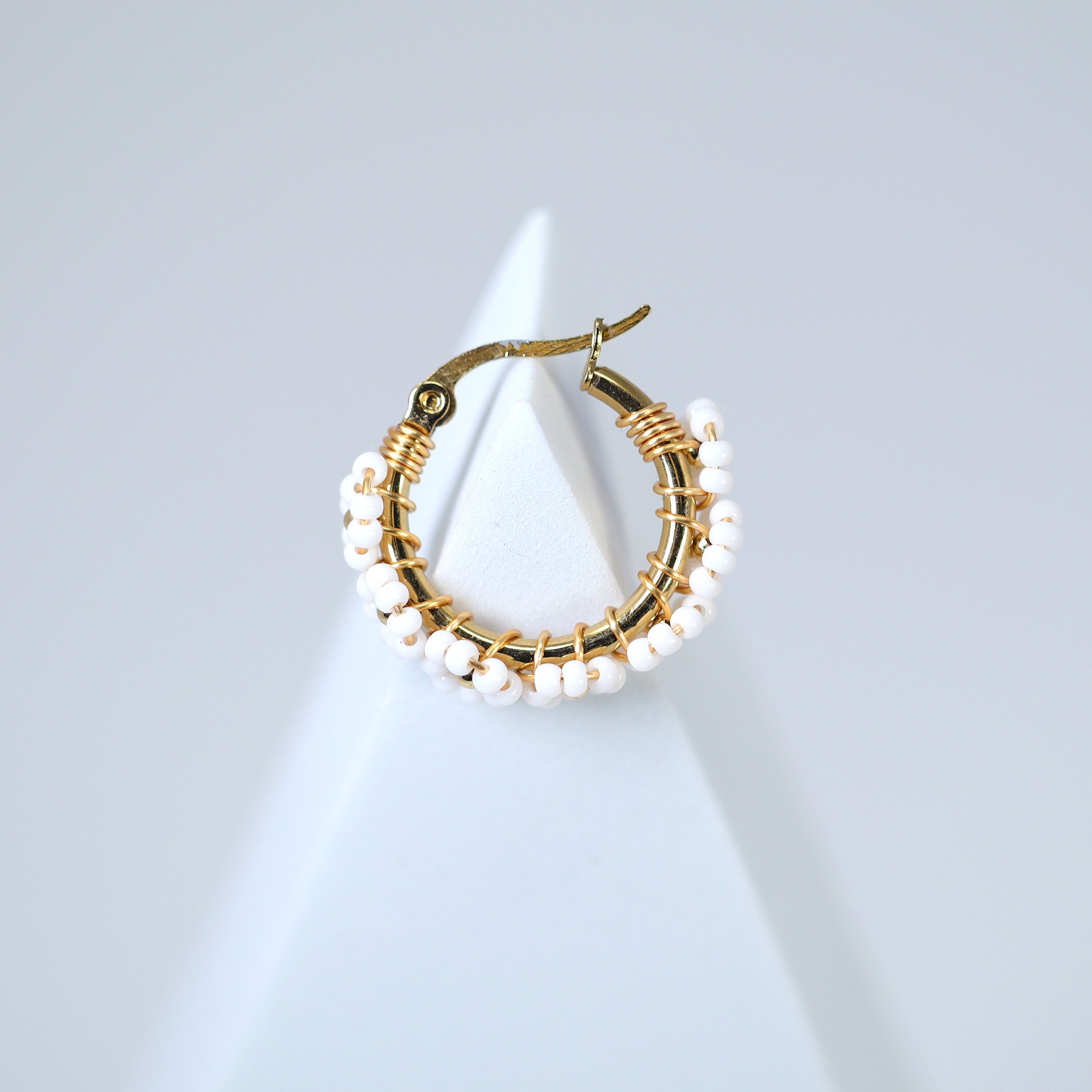 Gold White Beaded Hoop Earrings, Bridal Earrings, Wedding Guest Earrings, Statement Earrings.