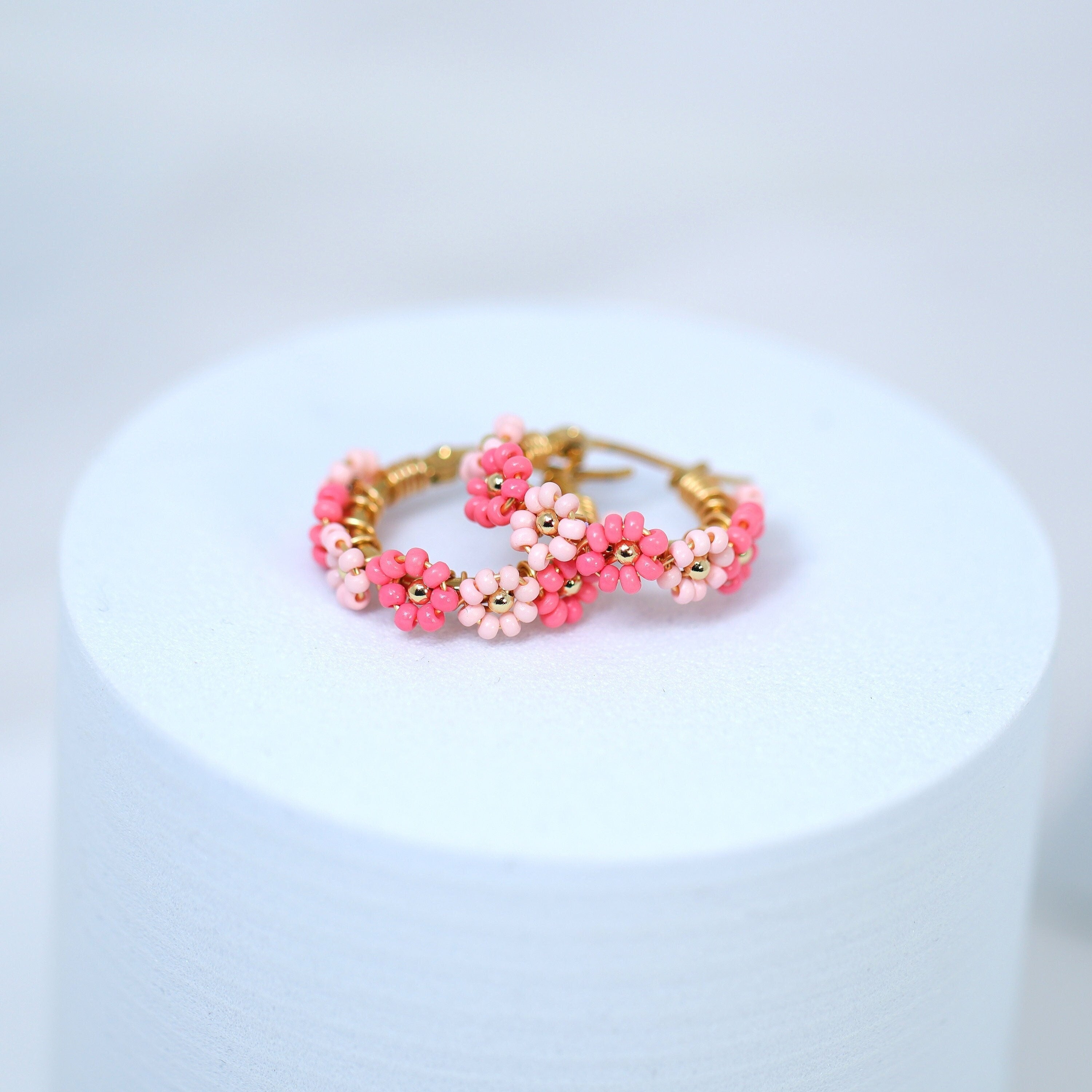Gold Pink Color Beaded Hoop Earrings, Bridal Earrings, Wedding Guest Earrings, Statement Earrings.