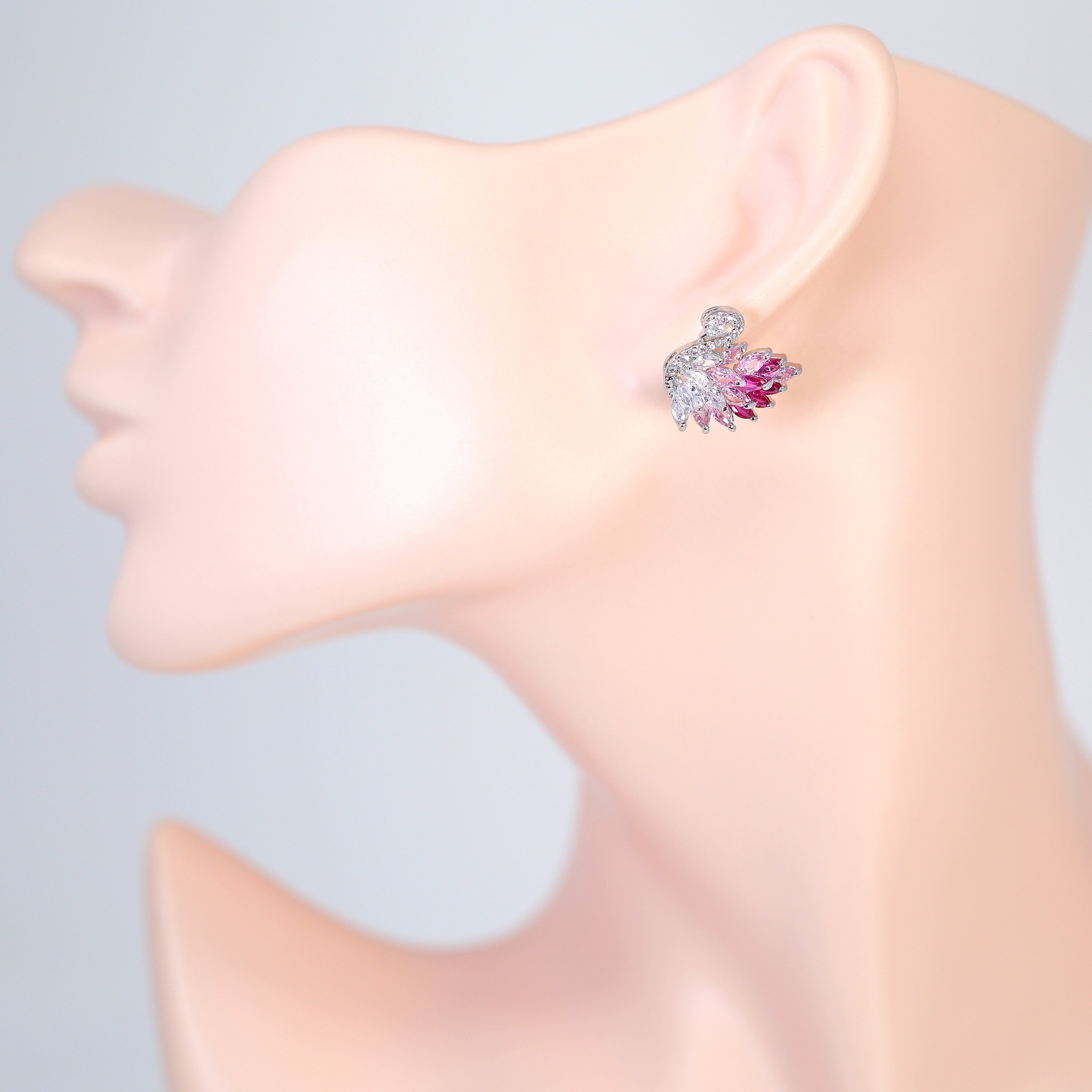 Cubic Zirconia Diamond Pink Swan stud Earrings, Bridal Jewelry, Bridal Stud Earrings, Crystal Bridal Earrings, Statement Earrings Cz