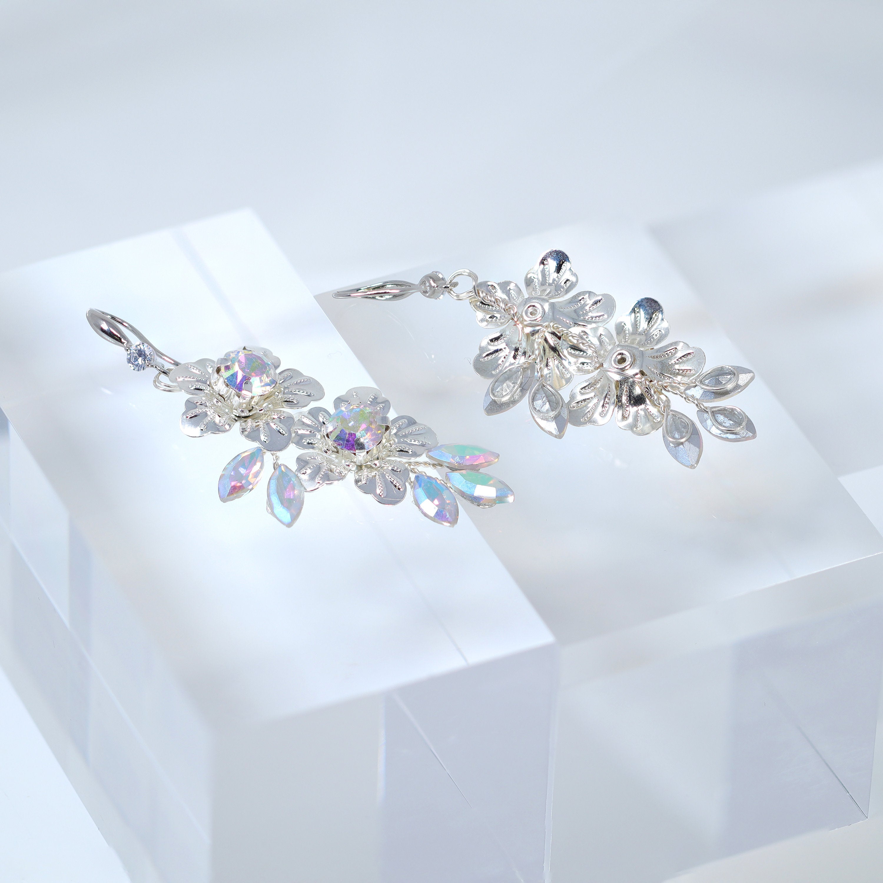 Swarovski Crystal Rainbow Silver Floral Leaves Drop Ab Crystal Earrings, Long Bridal Earrings, Crystal Bridal Earrings, Statement Earrings.