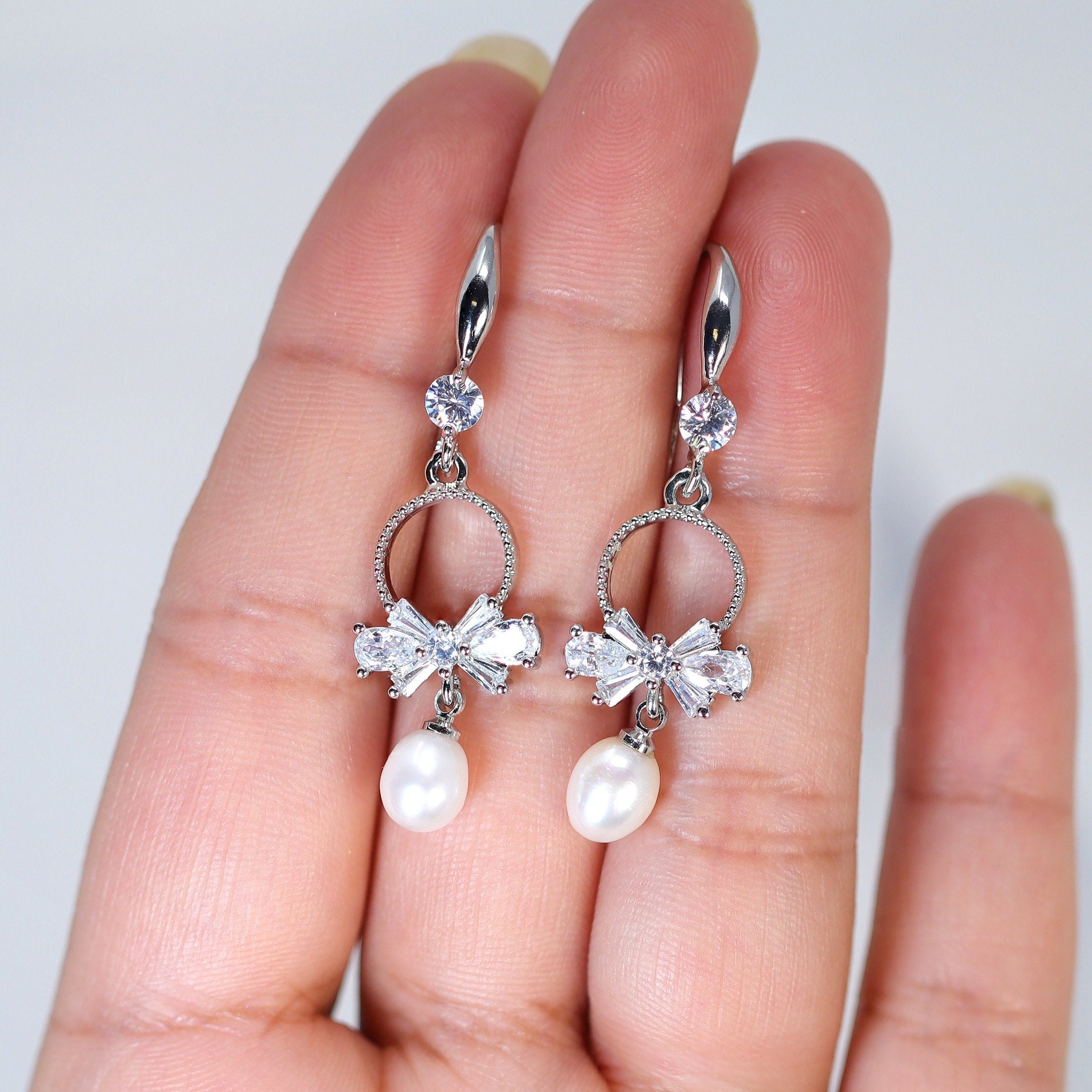 Natural Cultured Freshwater Pearl Drop Bridal Earrings, Crystal Bridal Earrings, Statement Earrings Cz