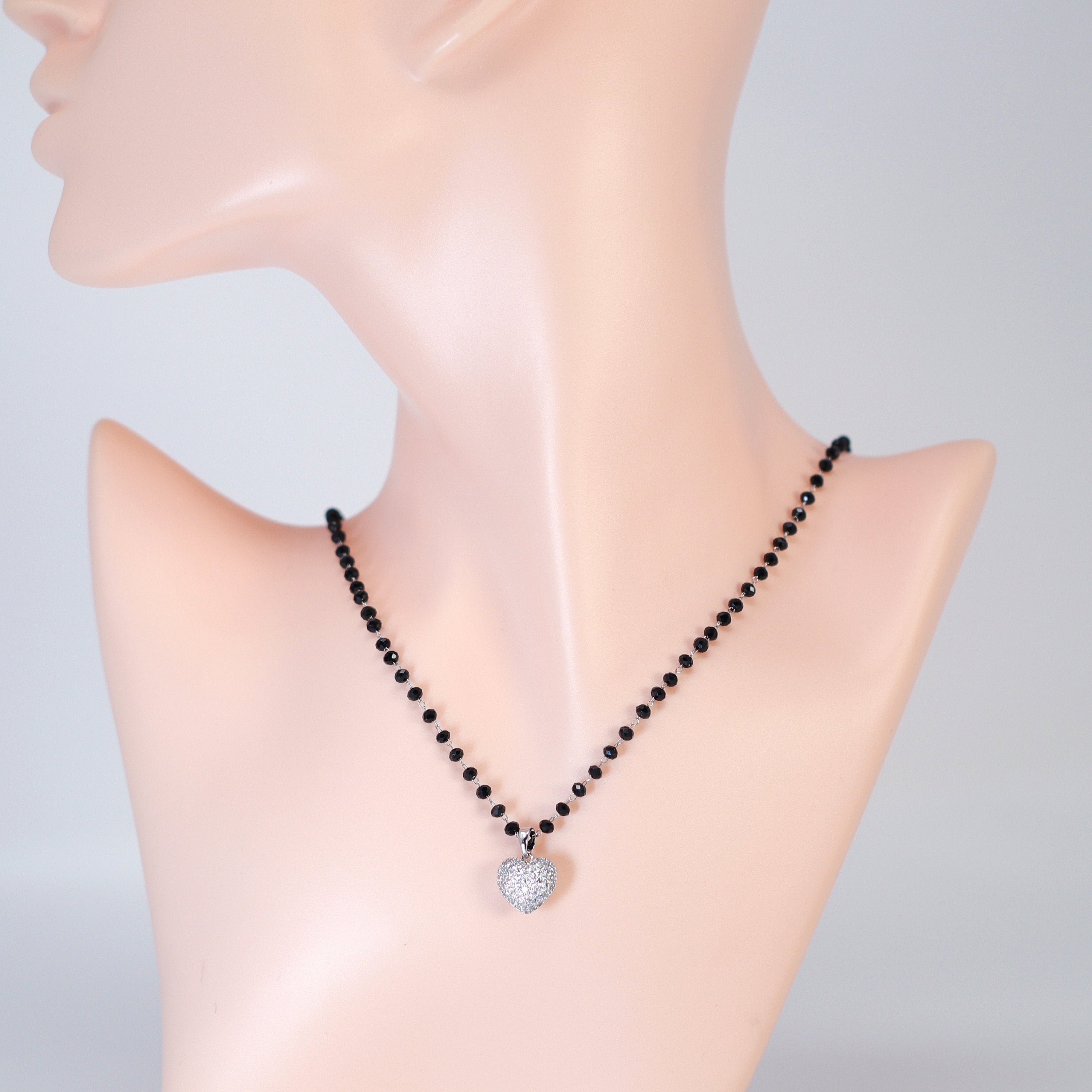 Swarovski Crystal black Beaded Chain Shinny Heart Pendant Necklace , Valentine's Day Gift For Her, Galentine's Day, Statement Necklace Cz