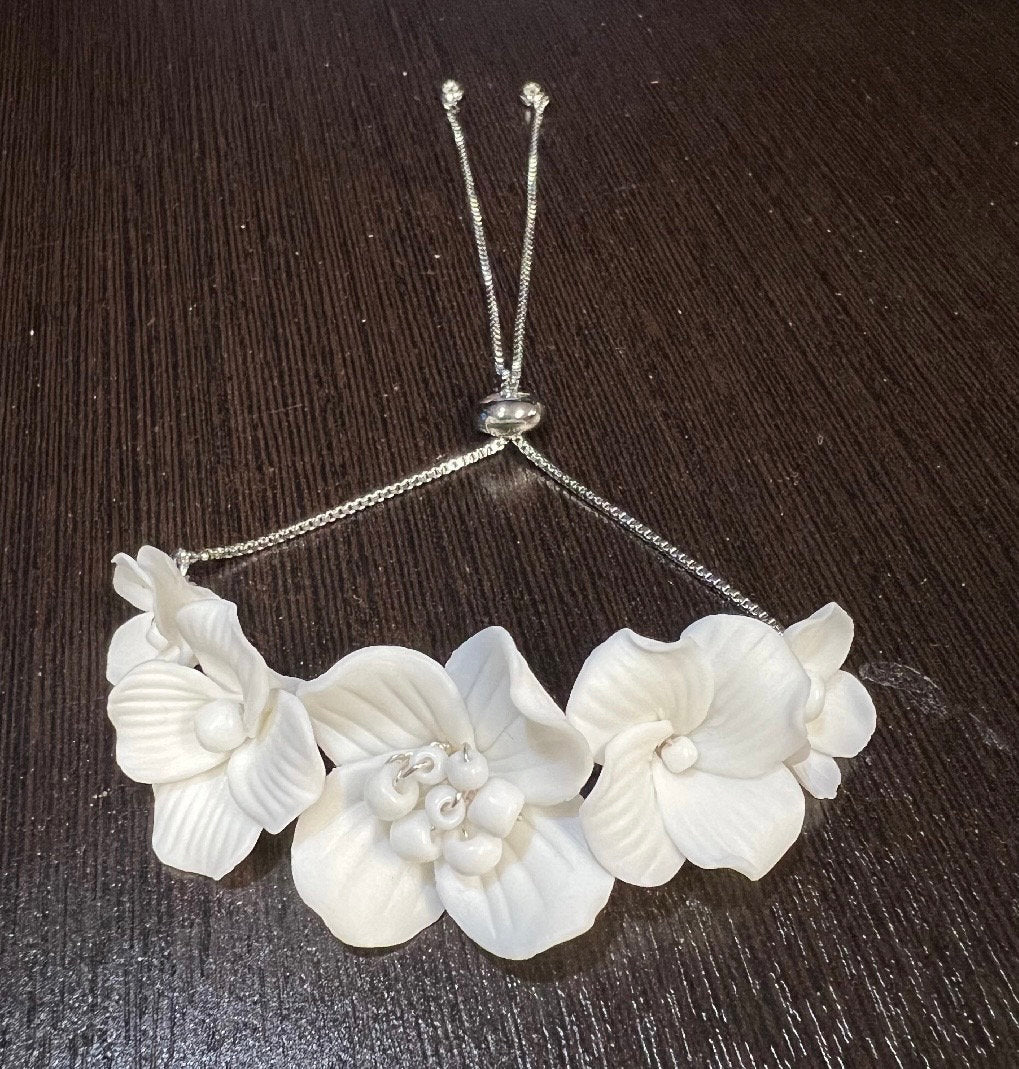 Ceramic White flower Flowers Pearl Jewelry Set, Bridal Hair piece, Bridal Hair Accessories, Wedding Hair Accessory.