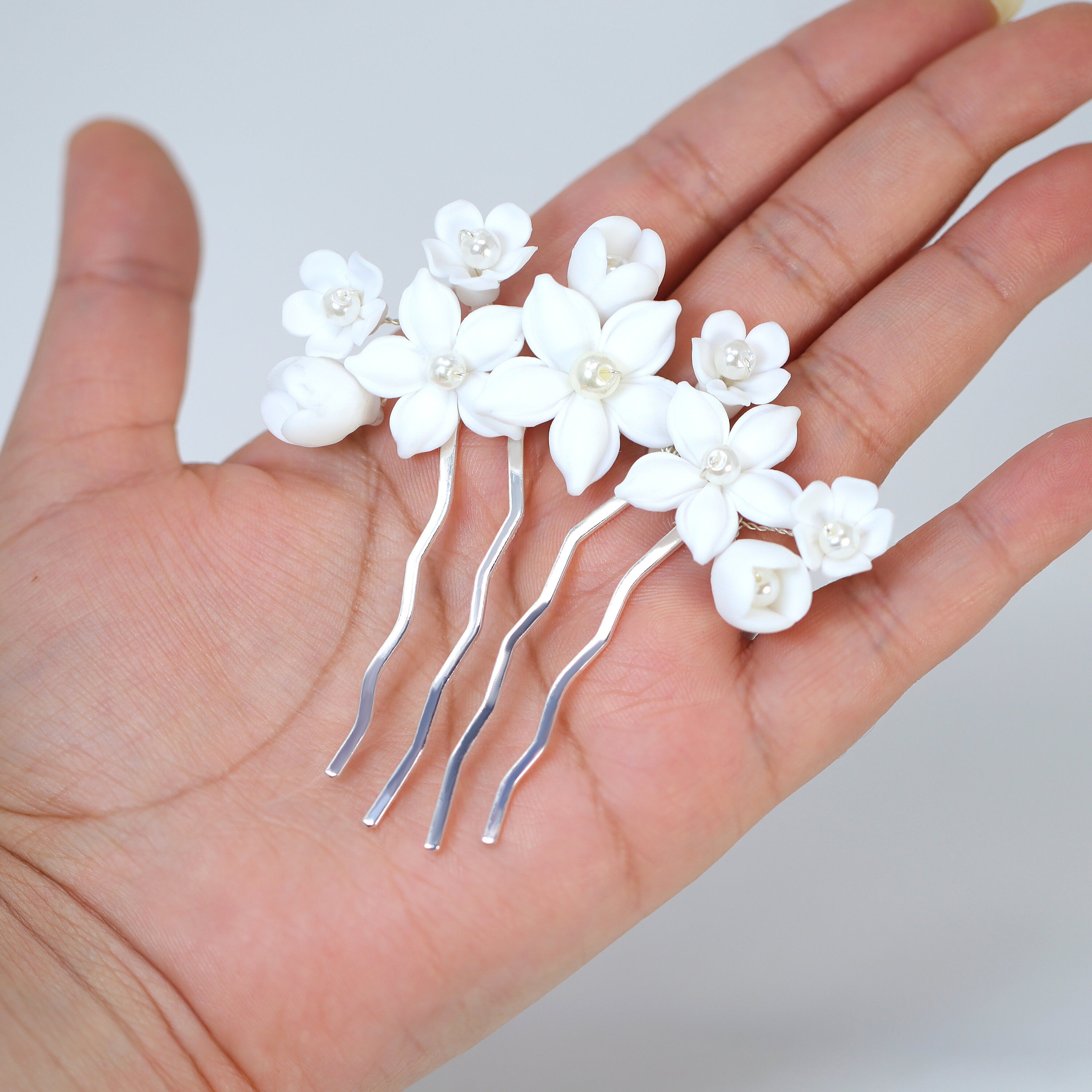 Ceramic White Lily flower Pearl Hair comb, Bridal Hair piece, Bridal Hair Accessories, Wedding Hair Accessory.