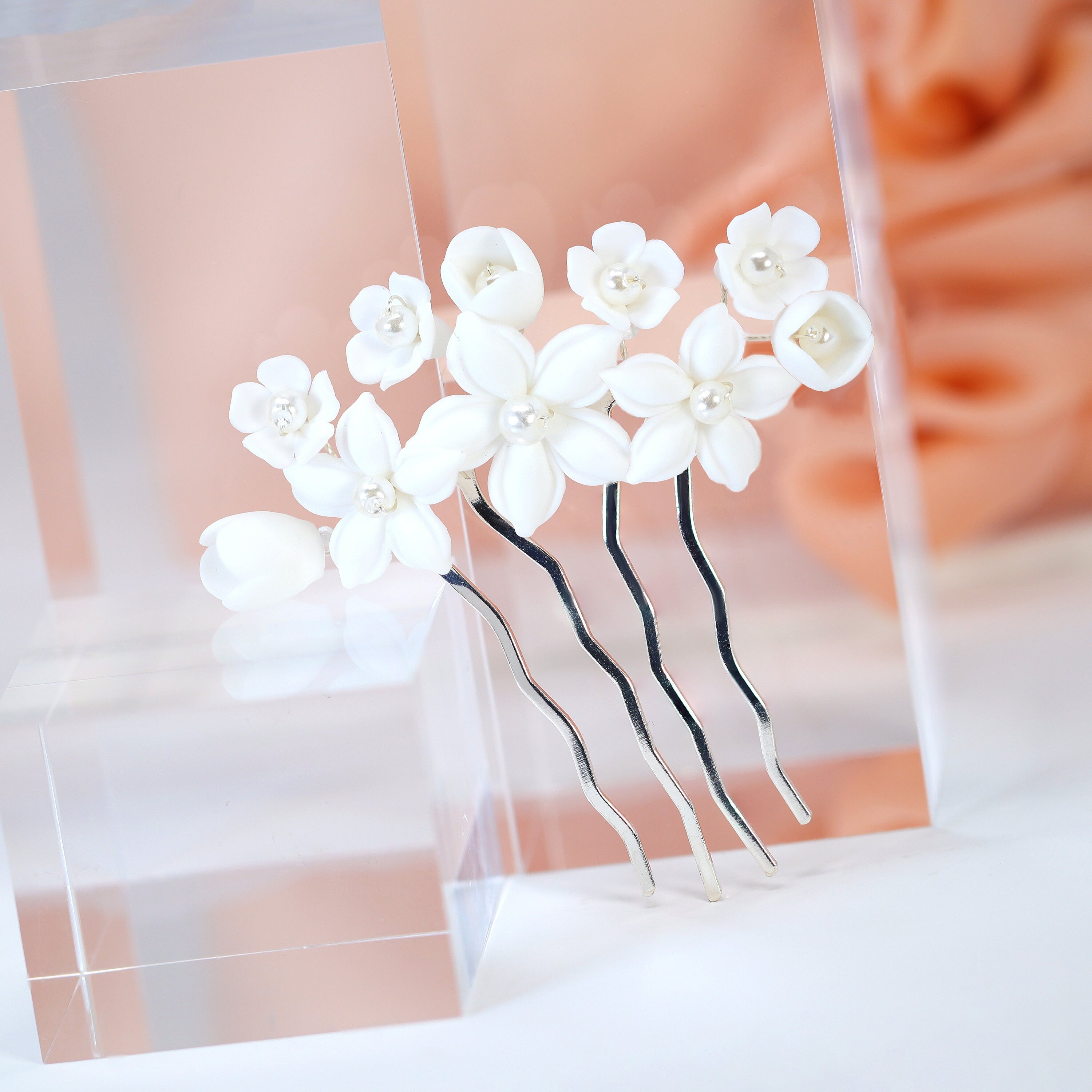 Ceramic White Lily flower Pearl Hair comb, Bridal Hair piece, Bridal Hair Accessories, Wedding Hair Accessory.