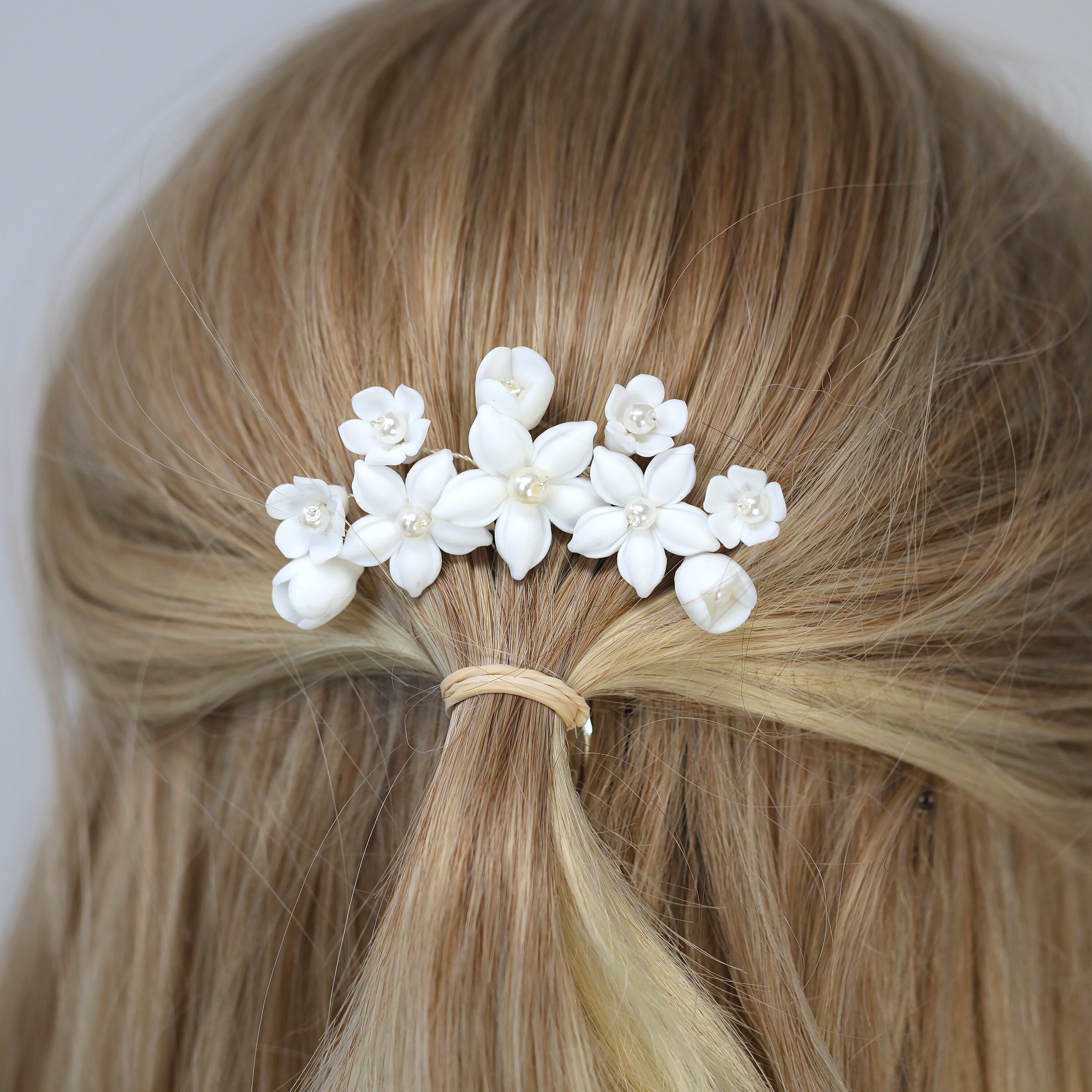 Ceramic White Lily flower Pearl Hair comb, Bridal Hair piece, Bridal Hair Accessories, Wedding Hair Accessory.