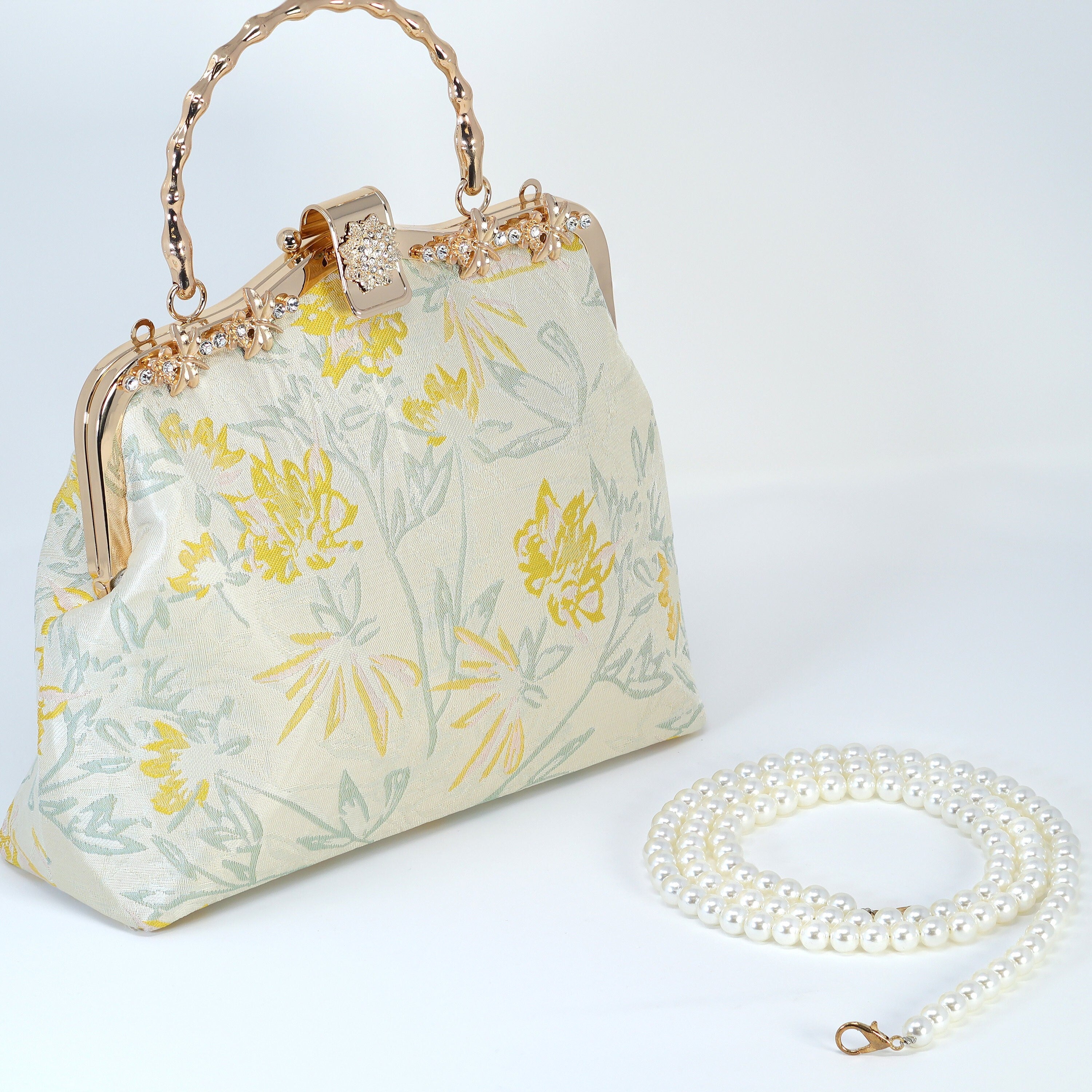 Shimmering Gold Yellow Floral Embroidered Fabric Floral Bridal Wedding Bag, Statement Bag, Evening Wedding Clutch, Cross Body Bag