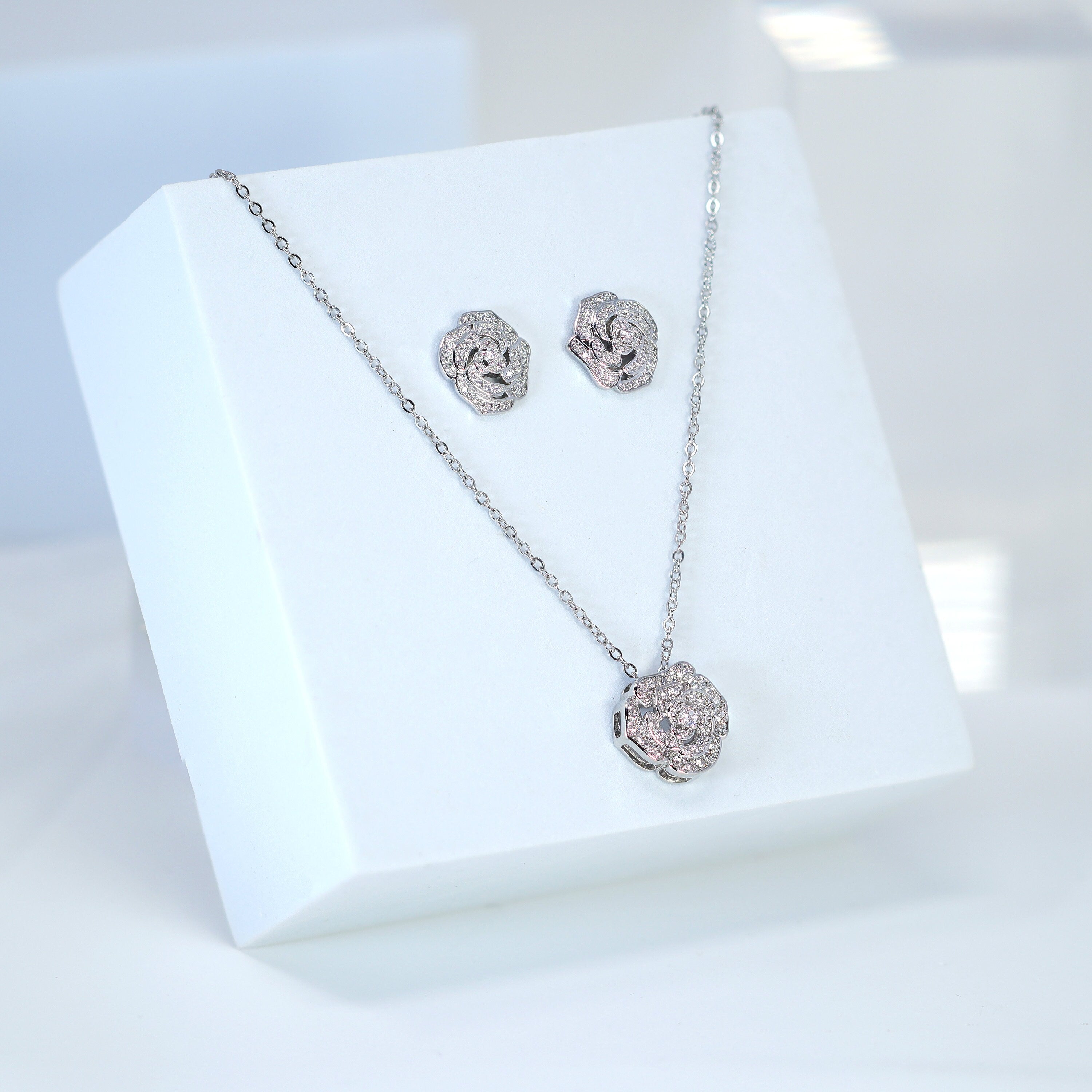 Enchanting Rose Radiance: Swarovski Crystal Rose Necklace and Stud Earrings for Brides, Crystal Bridal Necklace, Statement Necklace Cz