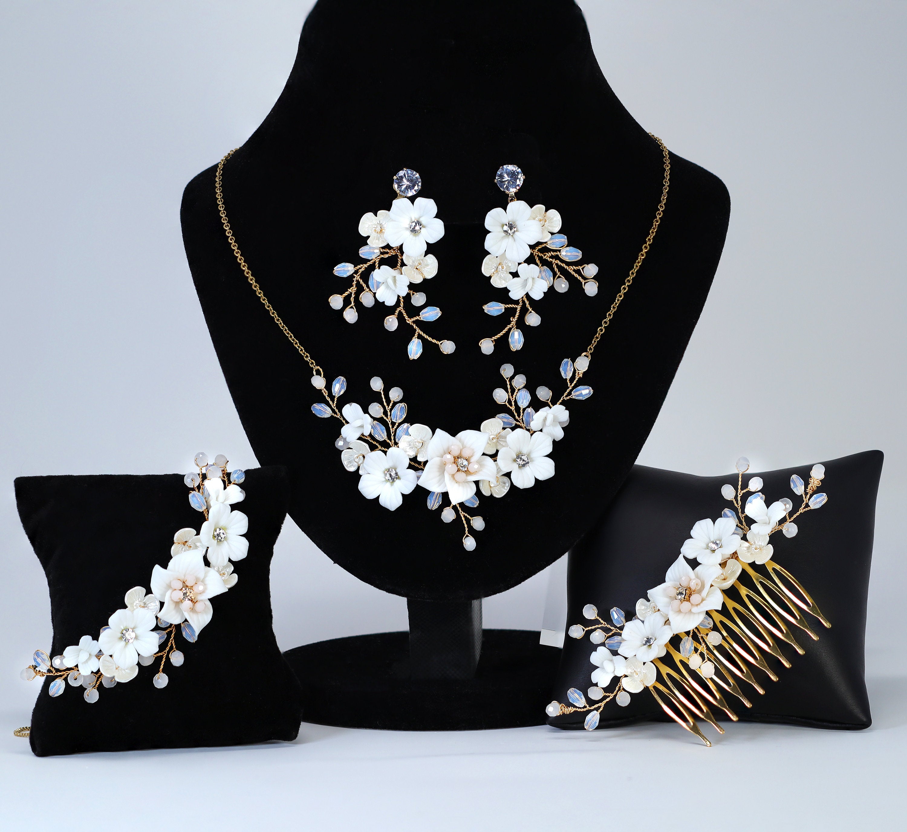 Swarovski Crystal White Floral Serenade Comb , Long Bridal Jewelry Crystal Necklace Bridal Earrings Statement Earrings