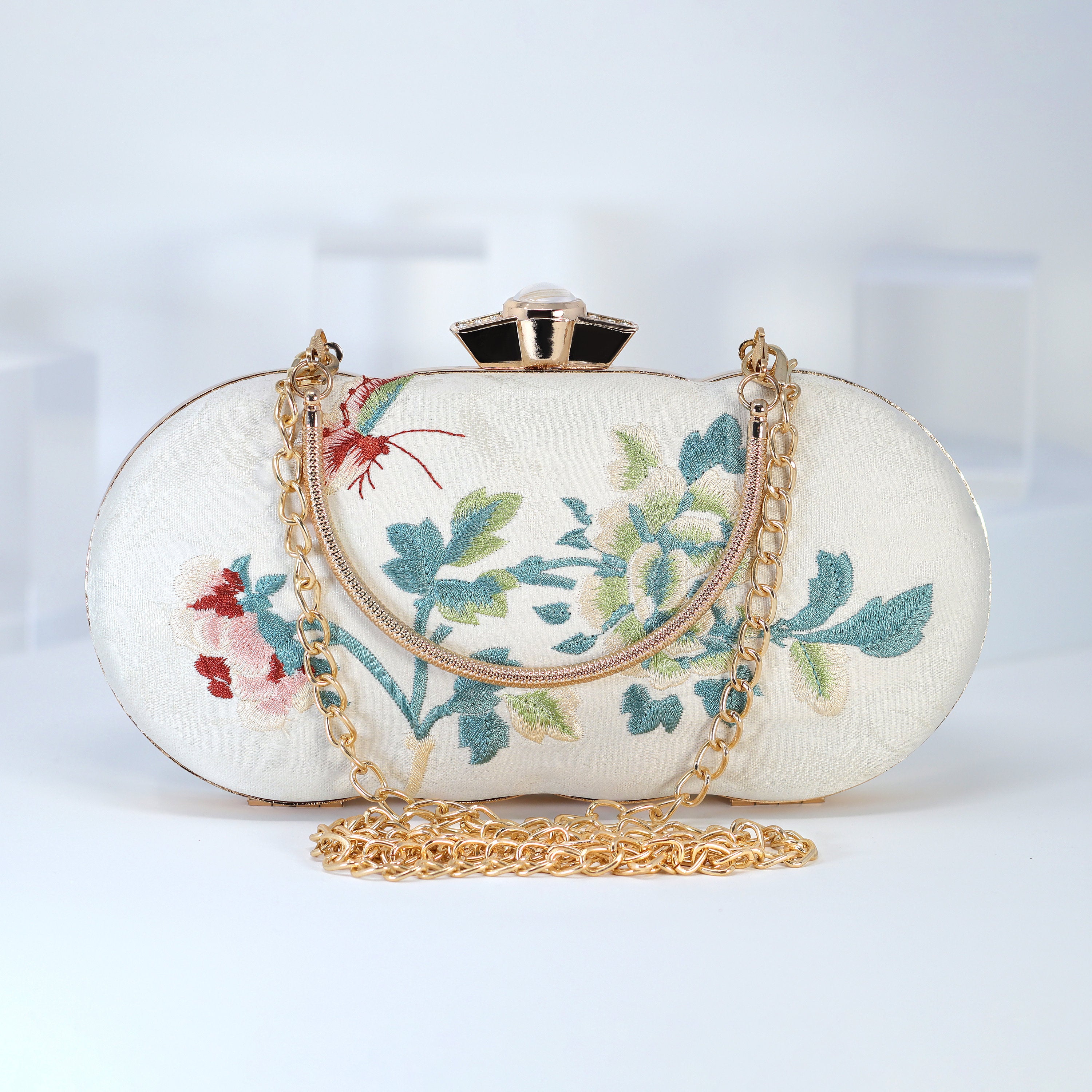 Light Beige Gold Embroidered Rose Floral Bouquet Wedding Bag, Statement Bag, Evening Clutch, Bridal Clutch, White Cross Body Bag