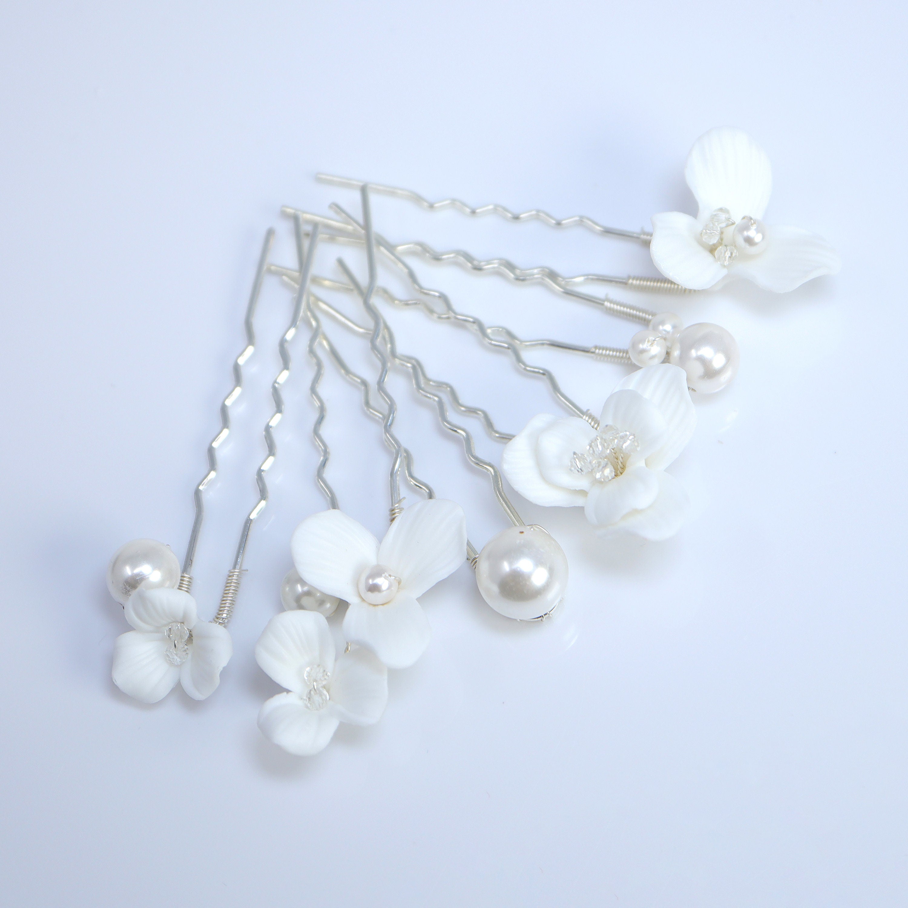 Porcelain White Floral Set Of 6 Pearl Elegance Ensemble Hair Pins Set of 3 , Ceramic Hair pins Set, Bridal Hair Accessories