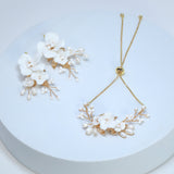 Natural Cultured Pearl White Flower Bridal Bracelet, Ceramic White Flower Opal Bracelet, Statement Bracelet, Porcelain Bracelet.