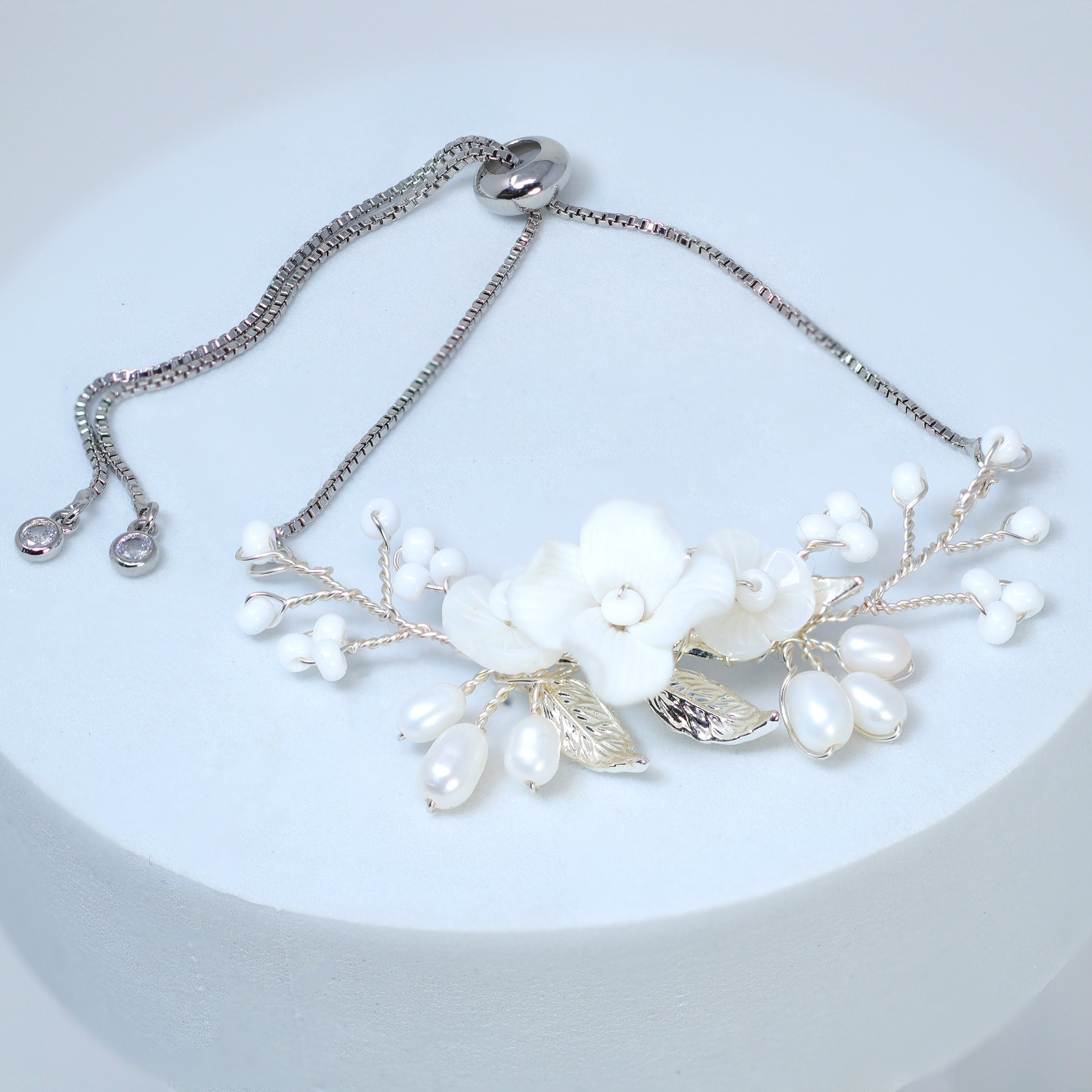 Natural Cultured Pearl White Flower Bridal Bracelet, Ceramic White Flower Opal Bracelet, Statement Bracelet, Porcelain Bracelet.