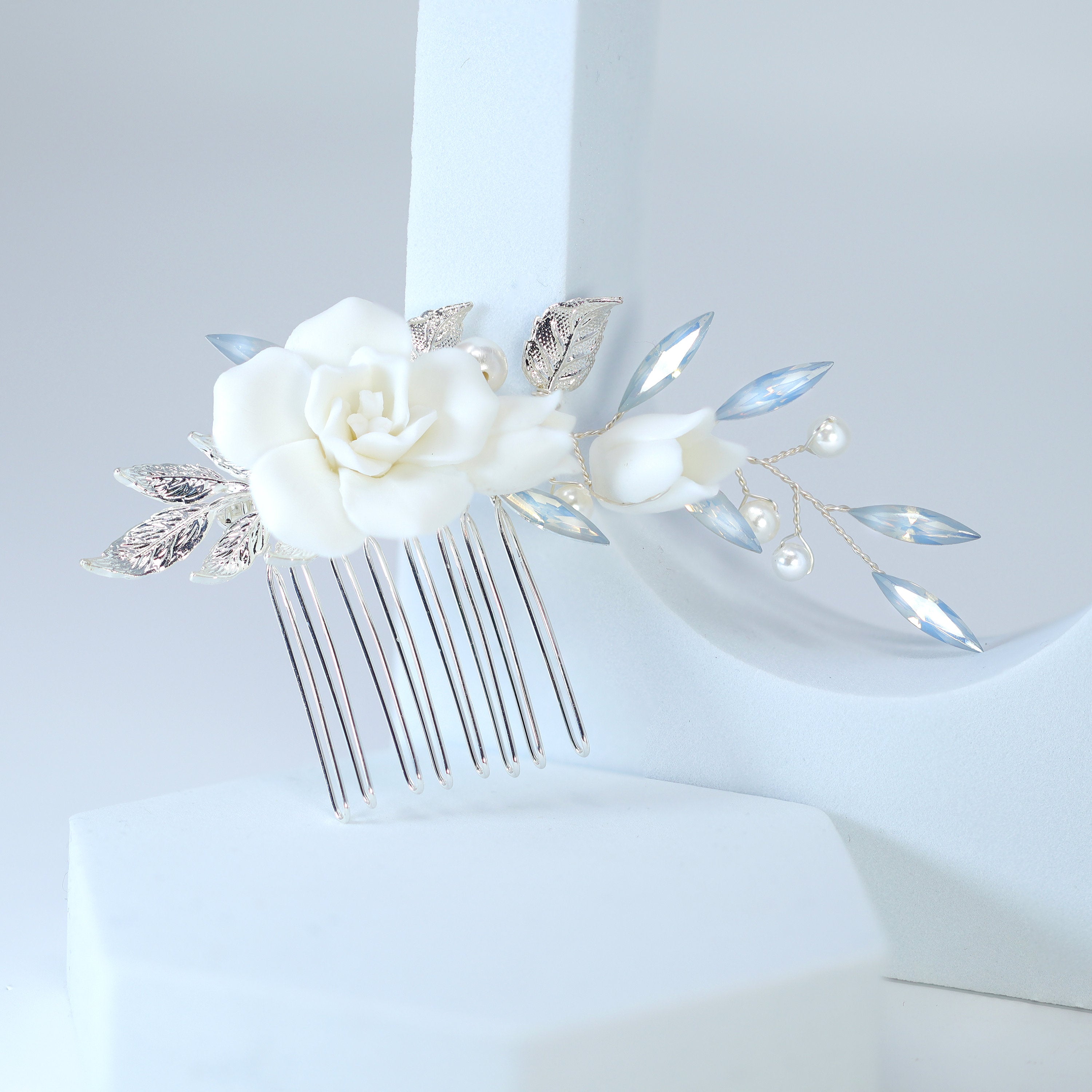 Porcelain White Rose With Dancing Lily Blossom Hair comb, Bridal Hair piece, Something Blue Hair Accessories, Wedding Hair Accessory.