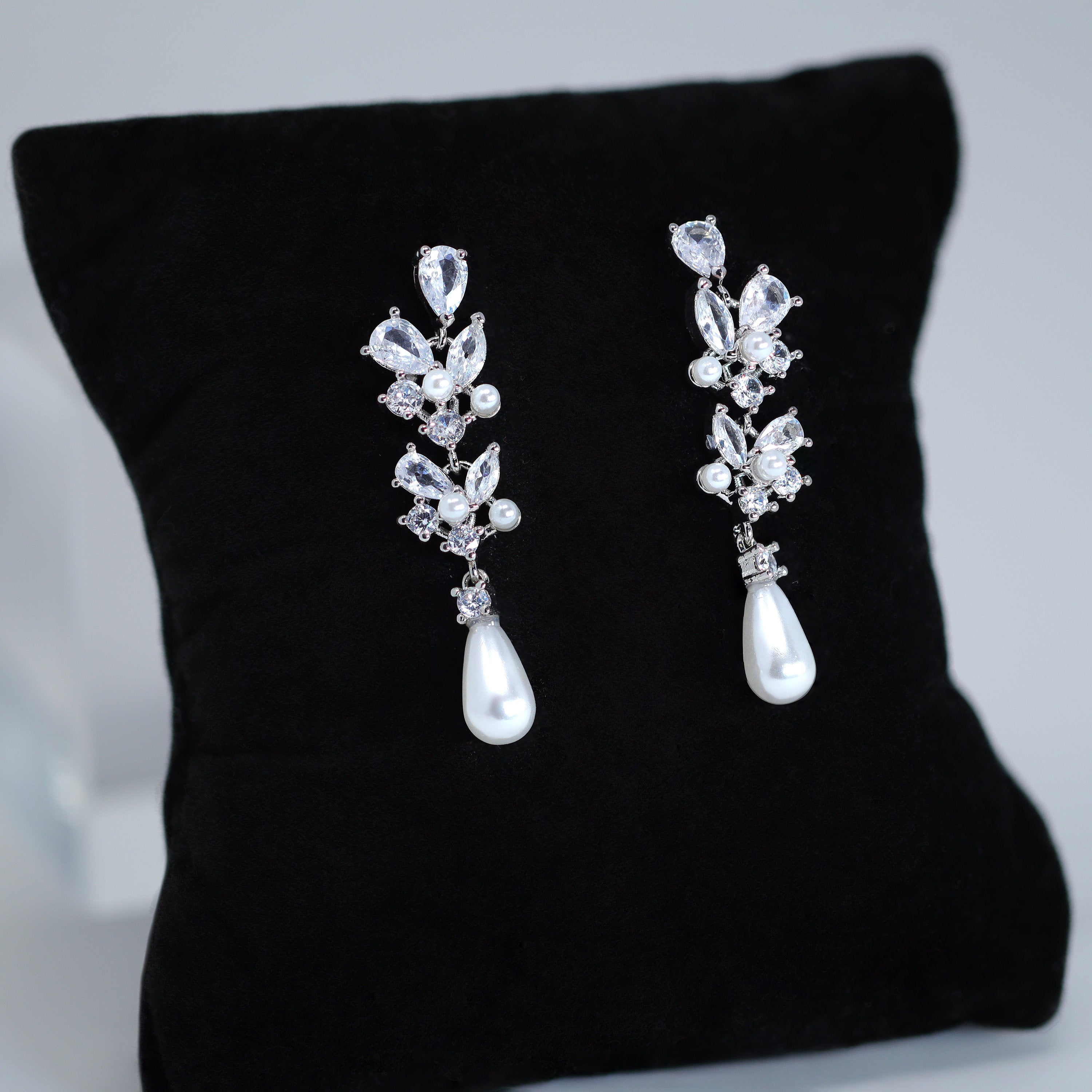 Swarovski crystal Fallen In Pearl Drop Bridal Earrings, Crystal Bridal Earrings, Statement Earrings Cz