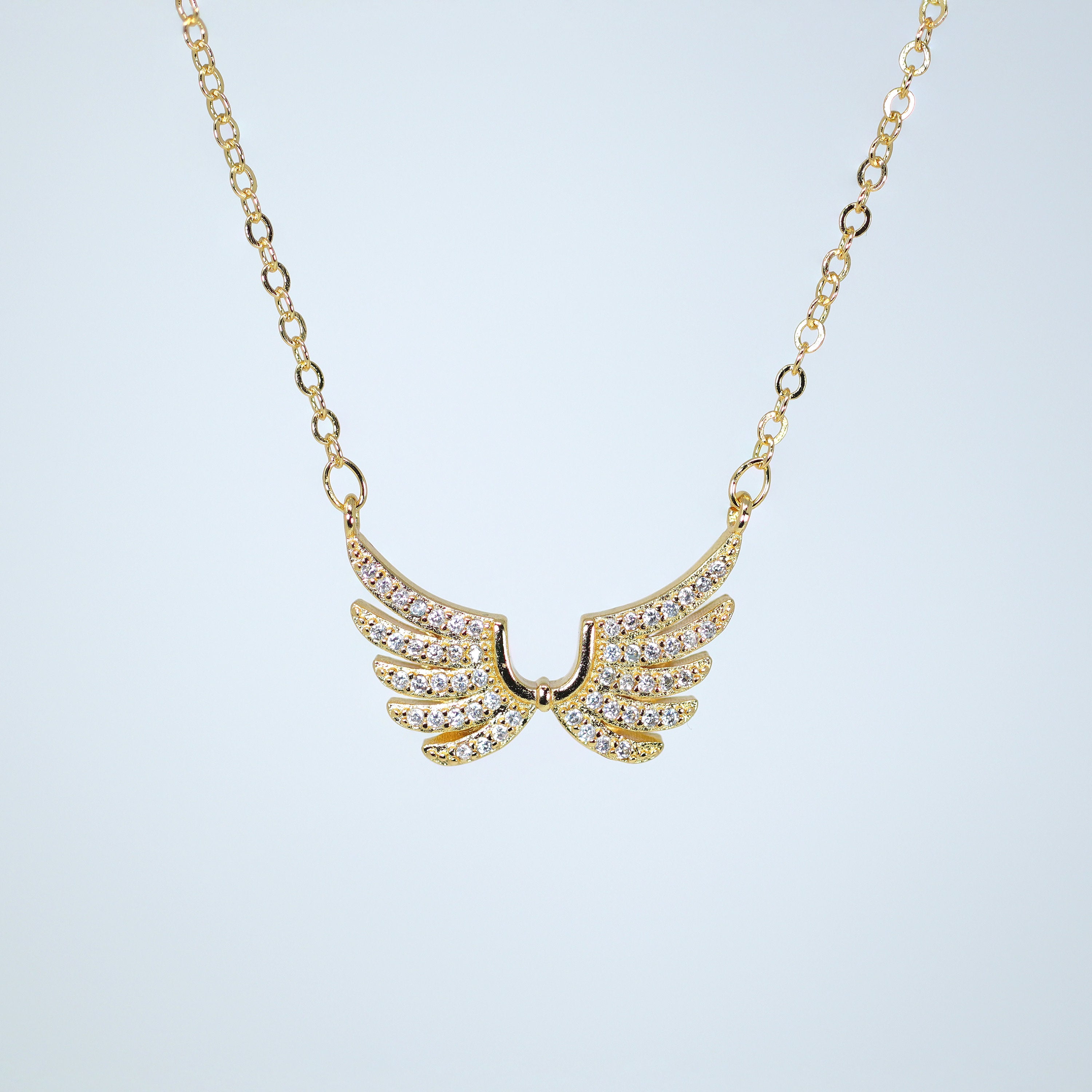 Shimmering Gold Angel Wings Charm Necklace, Bride to be, Valentine's Day Gift For Her, Galentine's Day, Statement Necklace Cz