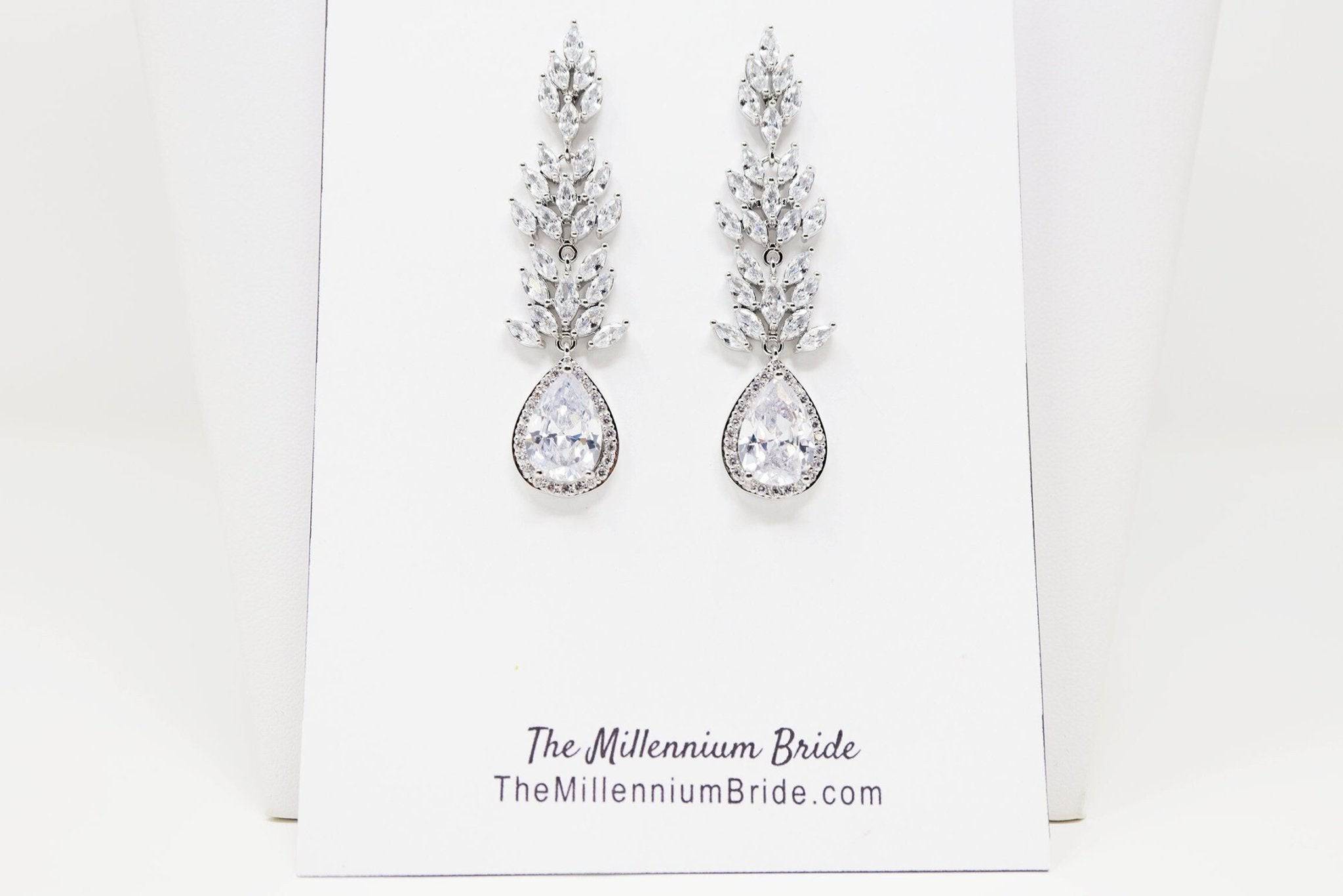 Leaf Drop, Long Dangle Crystal, Diamond Earrings, Long Bridal Jewelry, Crystal Bridal Earrings, Statement Earrings Cz