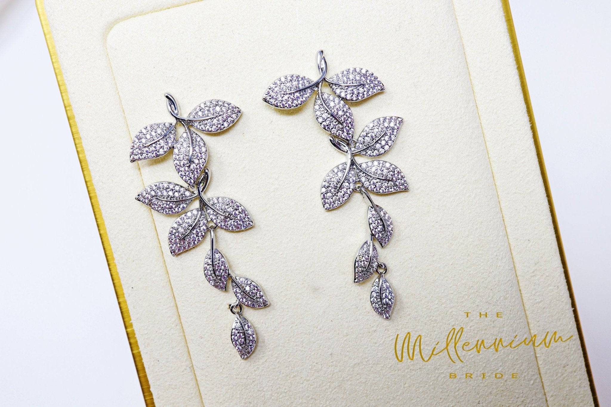 Long Bridal Vine Leaves Drop, Dangle Crystal, Diamond Earring, Long Bridal Jewelry, Crystal Bridal Earrings, Statement Earrings Cz