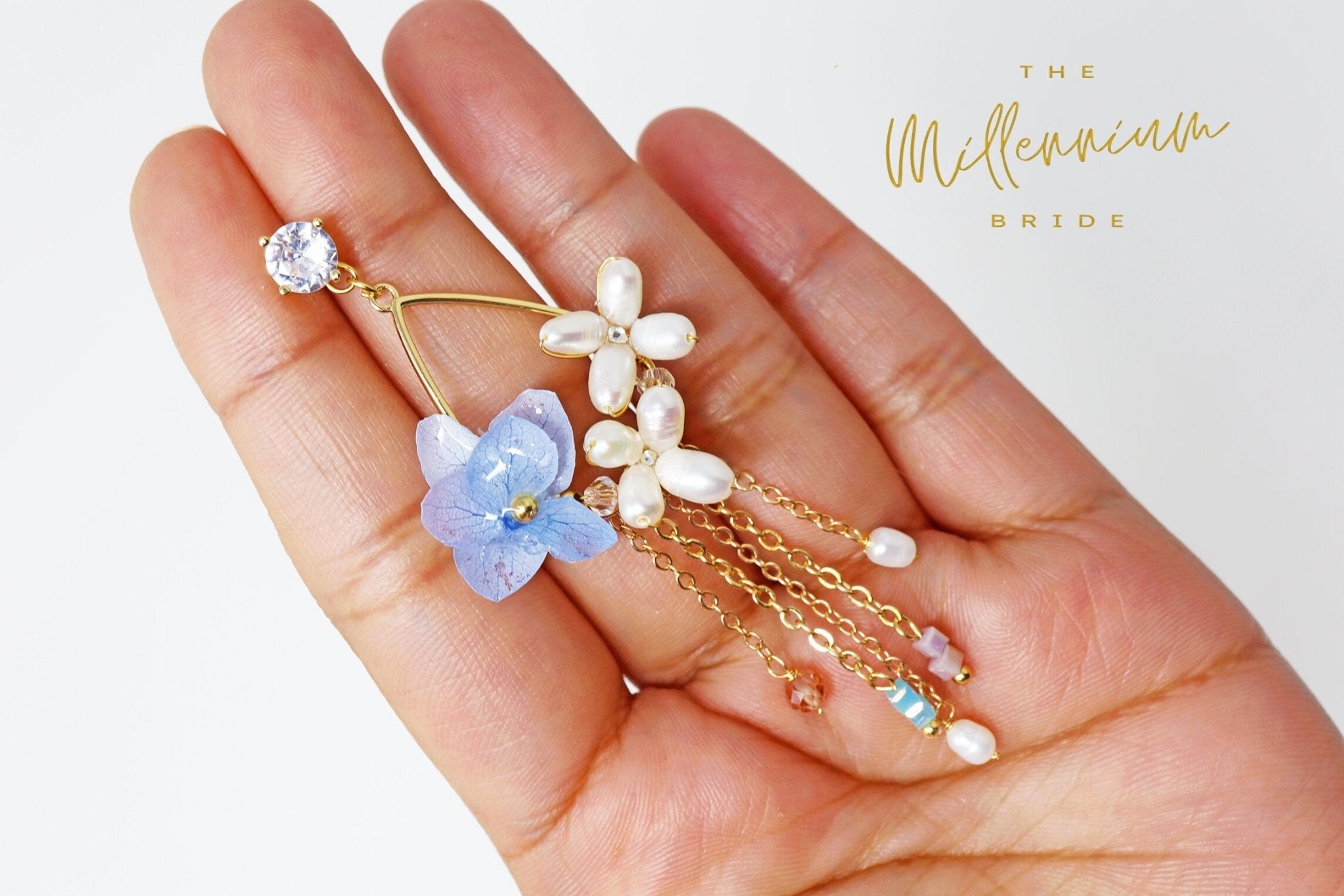 Real Immortal Blue White Flower Freshwater Pearls Crystal Earrings, Long Bridal Jewelry, Bridal Earrings Statement Earrings Cz