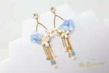 Real Immortal Blue White Flower Freshwater Pearls Crystal Earrings, Long Bridal Jewelry, Bridal Earrings Statement Earrings Cz