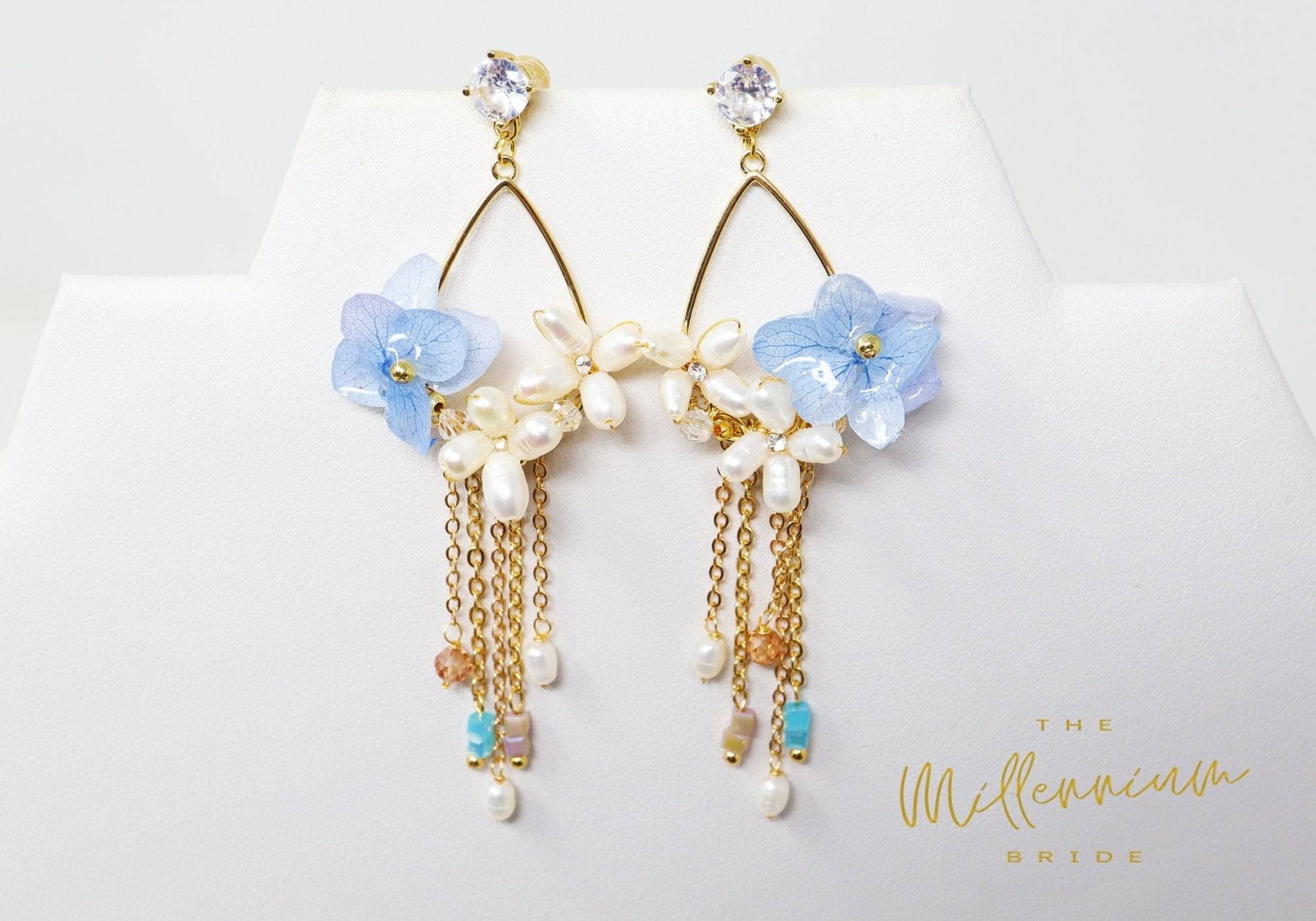 Real Immortal Blue White Flower Freshwater Pearls Crystal Earrings, Long Bridal Jewelry, Bridal Earrings Statement Earrings Cz
