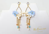 Real Immortal Blue White Flower Freshwater Pearls Crystal Earrings, Long Bridal Jewelry, Bridal Earrings Statement Earrings Cz