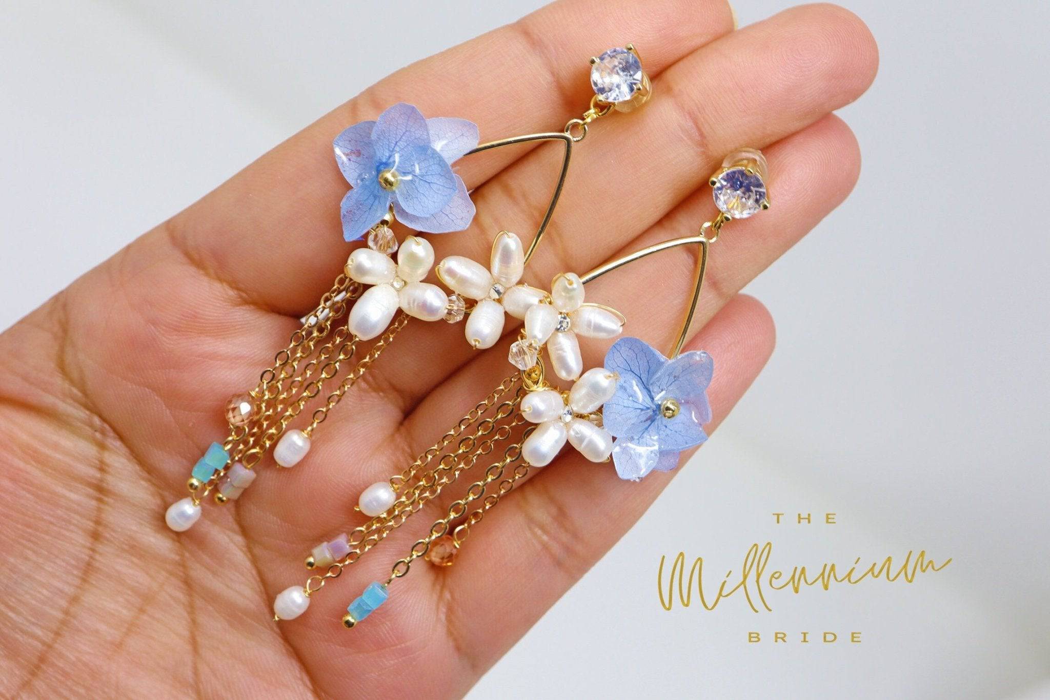 Real Immortal Blue White Flower Freshwater Pearls Crystal Earrings, Long Bridal Jewelry, Bridal Earrings Statement Earrings Cz