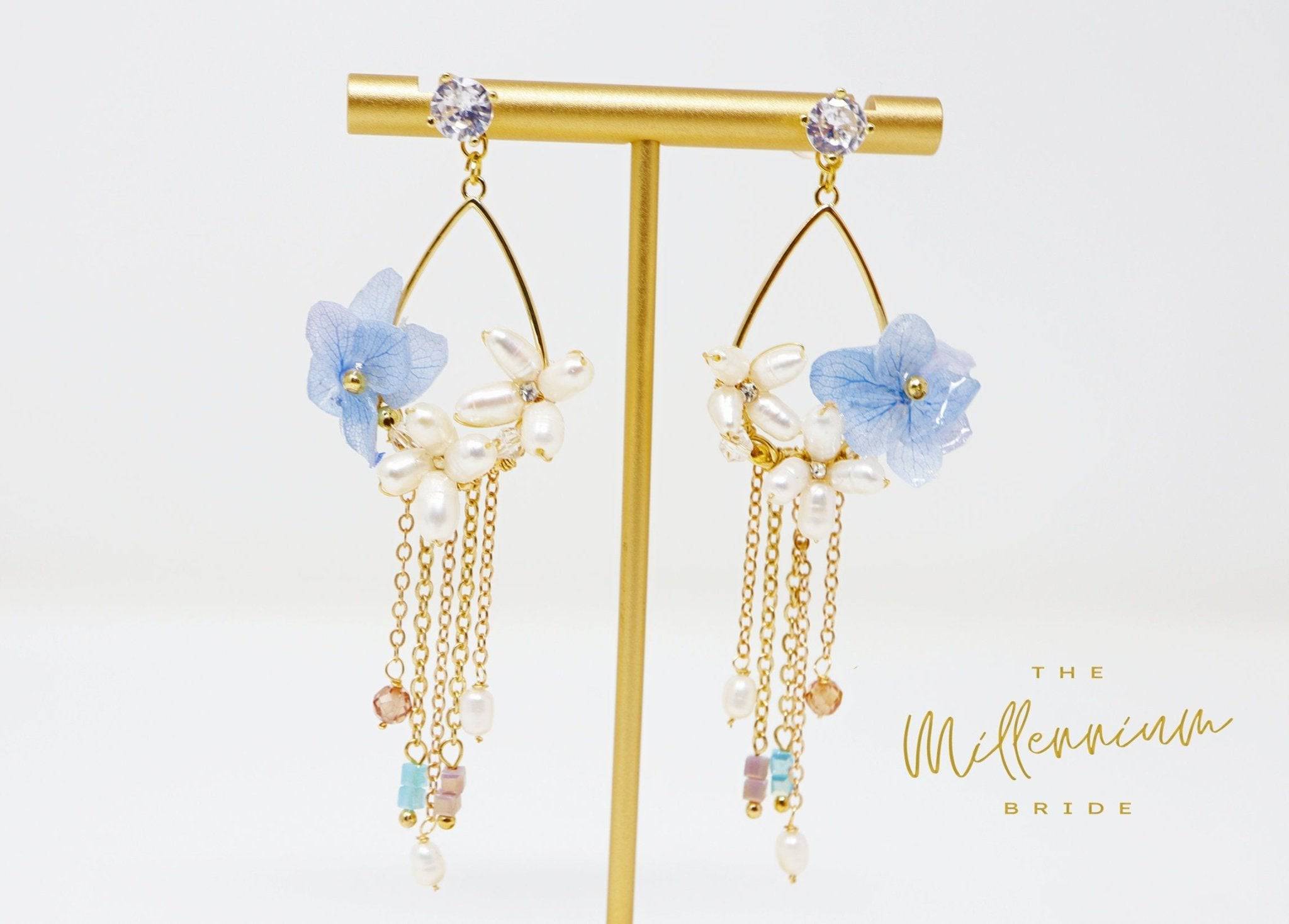 Real Immortal Blue White Flower Freshwater Pearls Crystal Earrings, Long Bridal Jewelry, Bridal Earrings Statement Earrings Cz